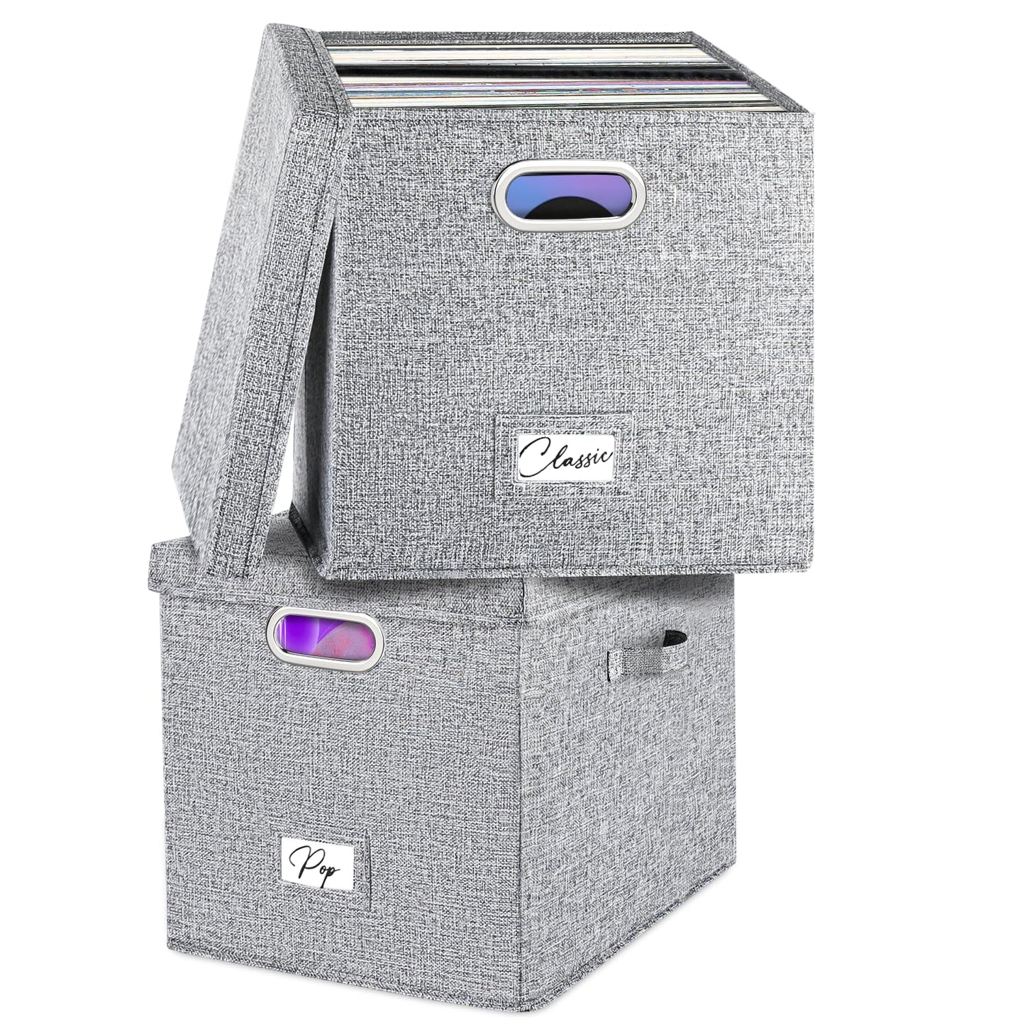 Vinyl Record Storage Box Set of 2 - for 100+ Single LPs (12-Inch), Stackable Albums Linen Crate with Lid, Play Music Collection Holder, Document File Folder Cabinet Organizer Case with Handle