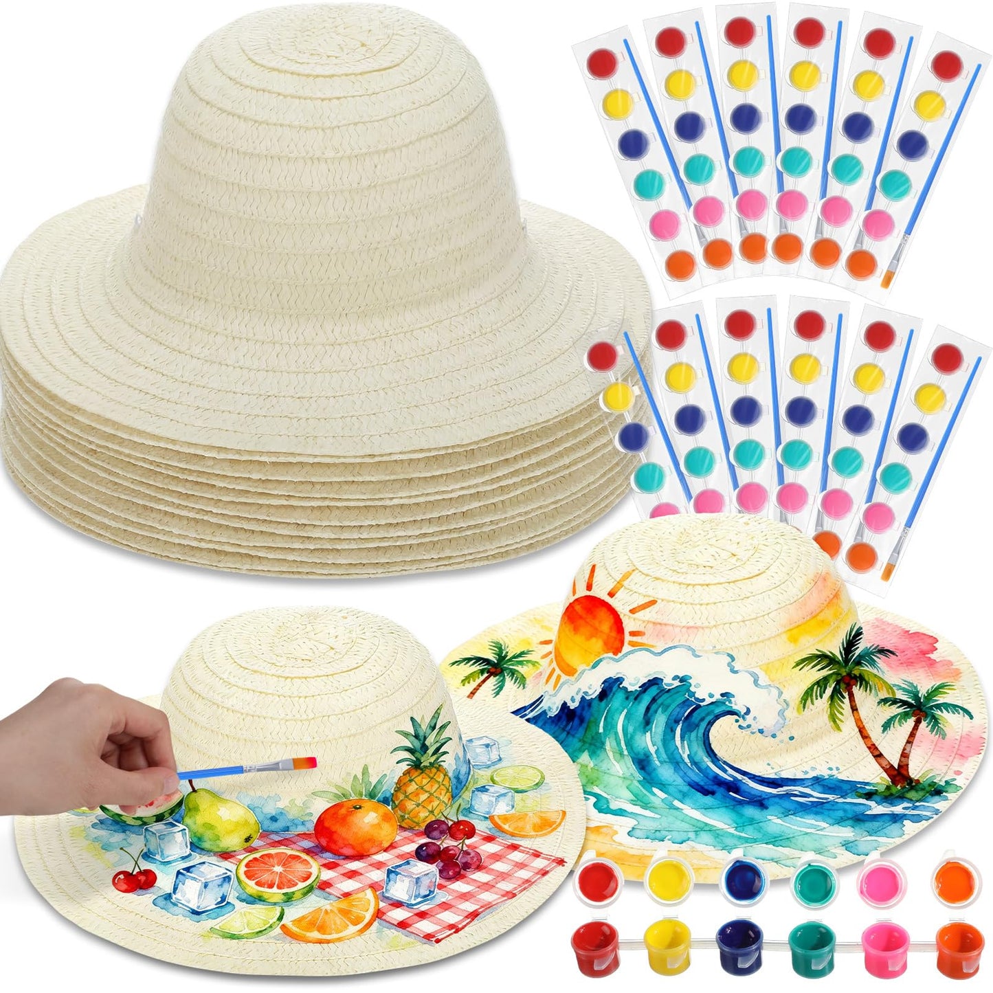 Chicingyou 12 Set DIY Straw Hat Set DIY Tea Party Hats Handmade Cap with Paints Brushes Craft Art Painting Cap Tea Party Supplies Mexican Arts Crafts Gifts for Adults Women Men