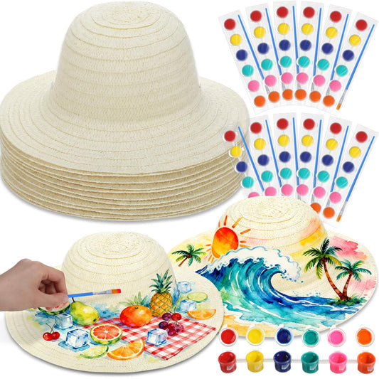Chicingyou 12 Set DIY Straw Hat Set DIY Tea Party Hats Handmade Cap with Paints Brushes Craft Art Painting Cap Tea Party Supplies Mexican Arts Crafts Gifts for Adults Women Men