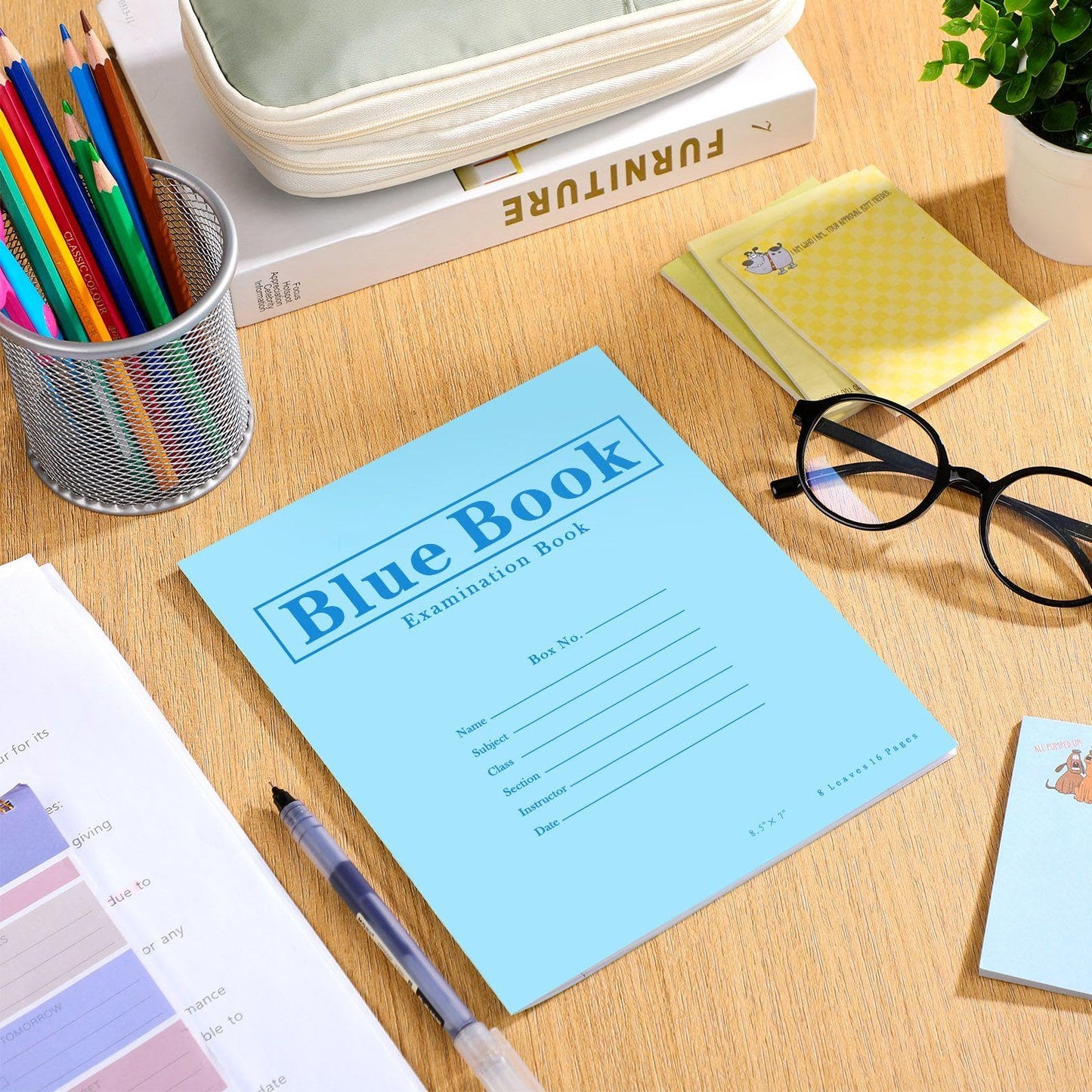 Skyygemm 100 Pack Exam Blue Book, Blue Test Book, 8.5" x 7", 8 Sheets 16 Pages, Wide Ruled Saddle Stitched Examination for School Office Home Business