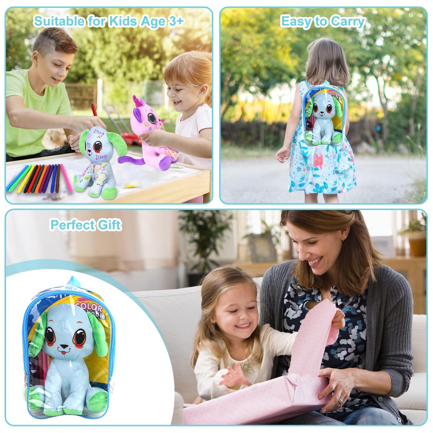 DIY Coloring Plush Toy with Washable Markers, Scribble Pets Stuffed Animal, Doodle Dolls Art Toy for Boys and Girls Ages 3-8, Birthday Gift (Green Puppy)