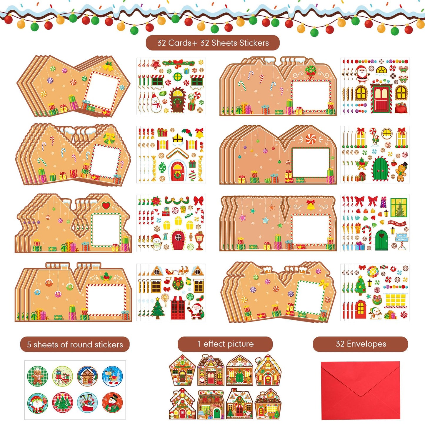 Moinchore 32 Pack Christmas Cards Gingerbread House Crafts DIY Cards with Envelopes Christmas Gingerbread Crafts Kit Christmas Greeting Cards Xmas Stickers Cards DIY for Kids Christmas Party Supplies