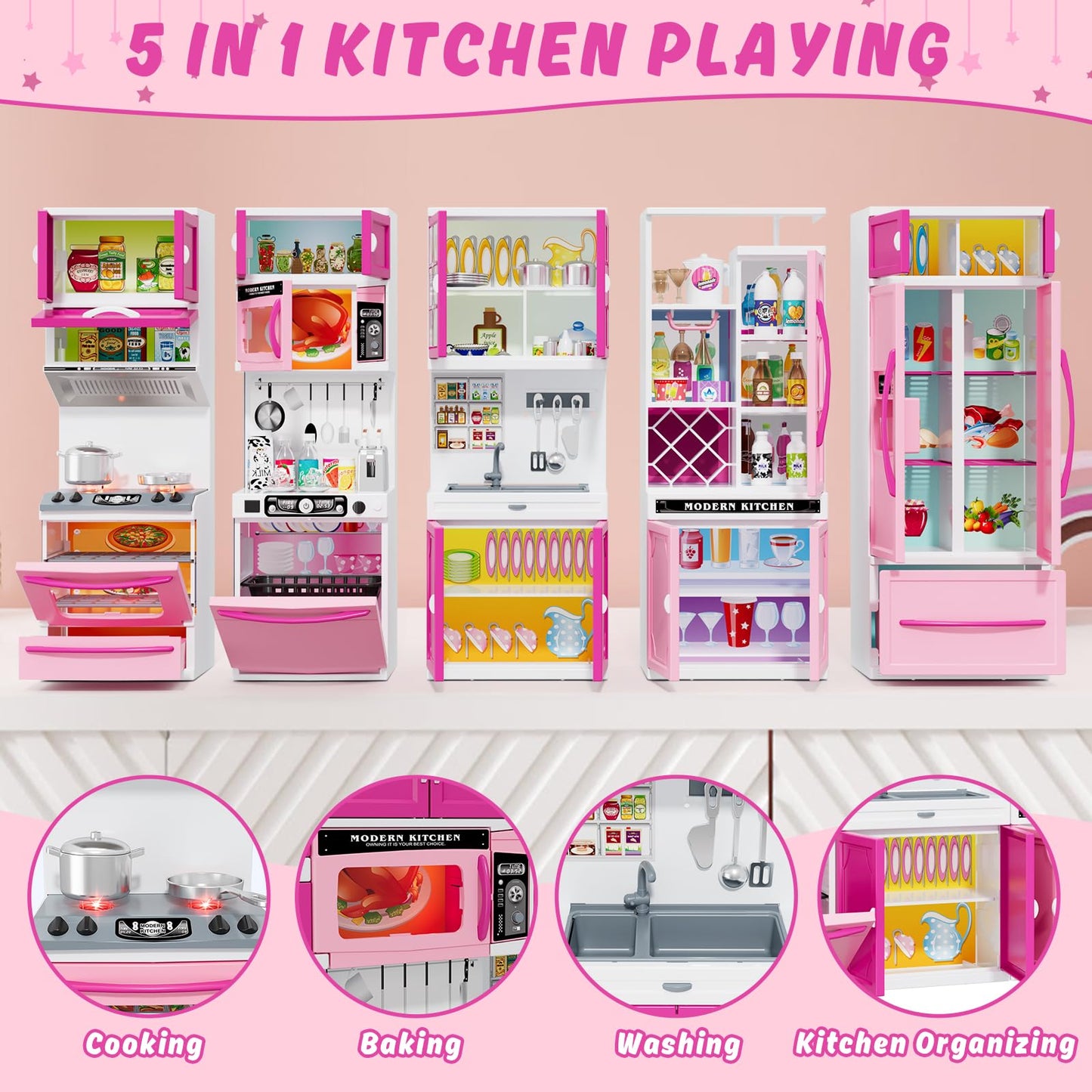 Wee Wonders 57 PCS Kitchen Playset for Girls, 5-in-1 Toddler Mini Kitchen with Realistic Lights & Sounds, Doll Kitchen House Toy, Mini Furniture Pretend Play Toys for Kids Age 3+, Pink