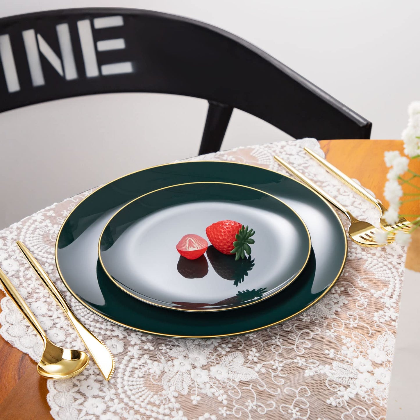 I00000 150Pcs Green Plastic Plates with Gold Rim, Fancy Disposable Plates,Green Plates Set include 30 Dinner Plate,30 Dessert Plate, 90 Plastic Silverware Set for Wedding&Party