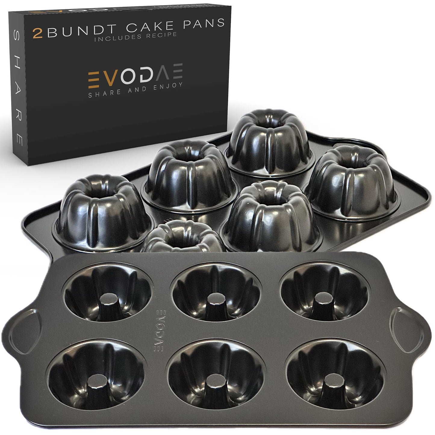 EVODAE Mini Bundt Cake Pans for Baking – Set of 2 – 6 Cups Each (12 Cups Total) – Nonstick Black Carbon Steel – Heavy-Duty & Built to Last – Carefully Packaged in a Clean Black Box – PFOA & PTFE Free