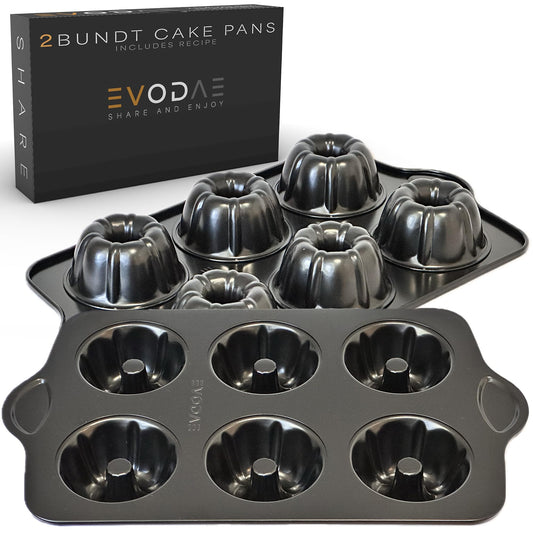 EVODAE Mini Bundt Cake Pans for Baking – Set of 2 – 6 Cups Each (12 Cups Total) – Nonstick Black Carbon Steel – Heavy-Duty & Built to Last – Carefully Packaged in a Clean Black Box – PFOA & PTFE Free