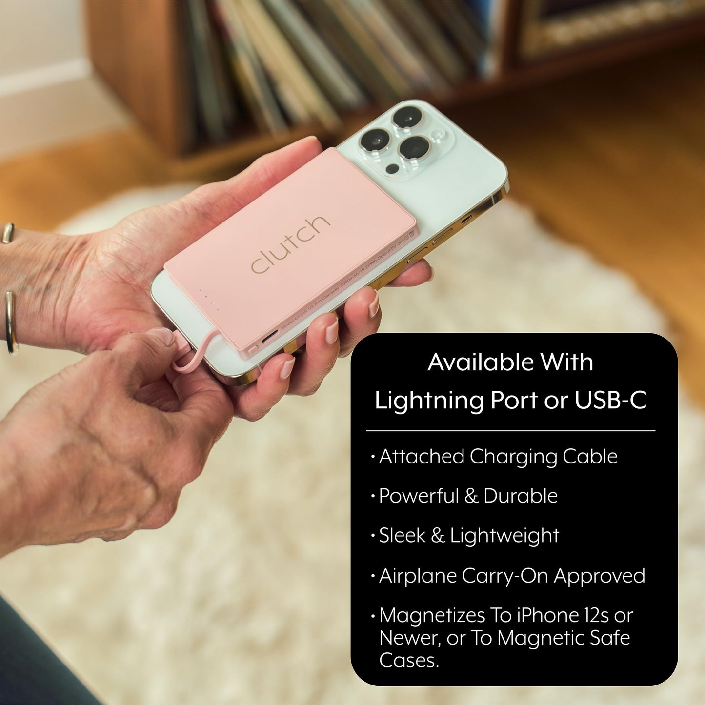 Clutch - Pro USB-C Portable Charger - Compatible with iPhone 15, 16 & Android Devices - Power Bank Magnetic Battery - TSA Travel Approved - USB Rechargeable - Built-in Cable - 5000 mAh - 3.7oz - Black