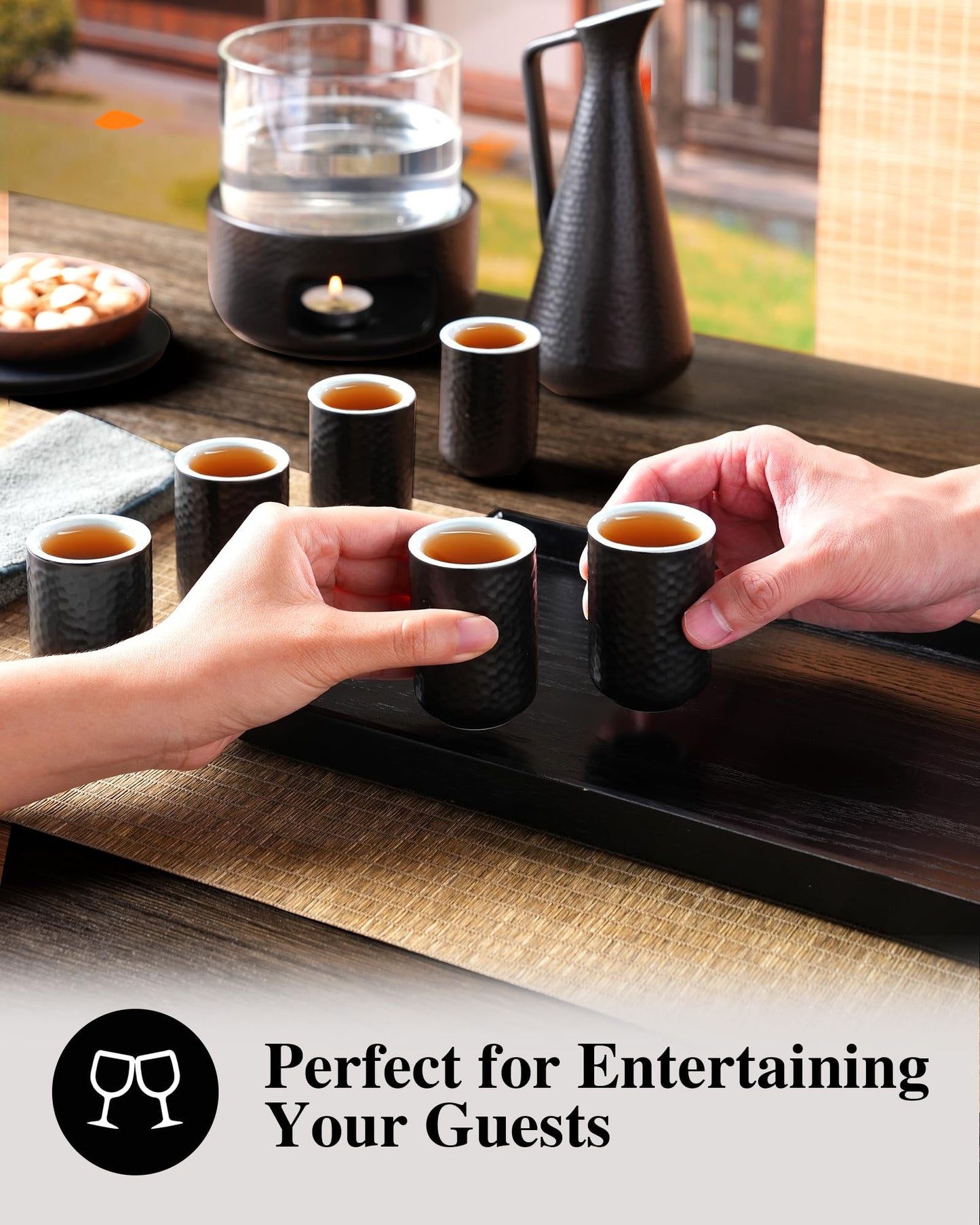 ZENS Sake Set with Warmer, 12 Ounce Embossed Ceramic Sake Bottle 6 Sake Cups and Glass Pot for Hot or Cold Japanese Sake, Black Sake Carafe Gift Sets with Cotton Towel