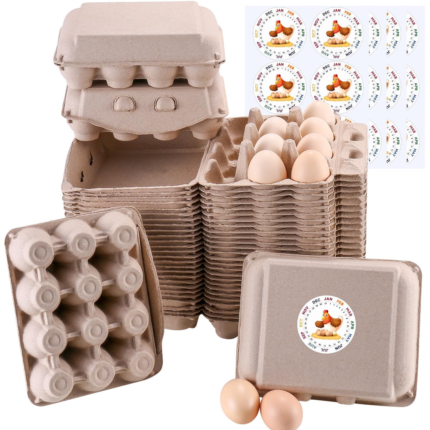 LayHyand 50 Pcs Vintage Egg Cartons with Labels, Square Dozen Egg Basket Blank Natural Paper Pulp, Classical 3x4 Style Holds Up to One Twelve 12 Count Chicken Eggs, Sturdy Eggs Box with Stickers