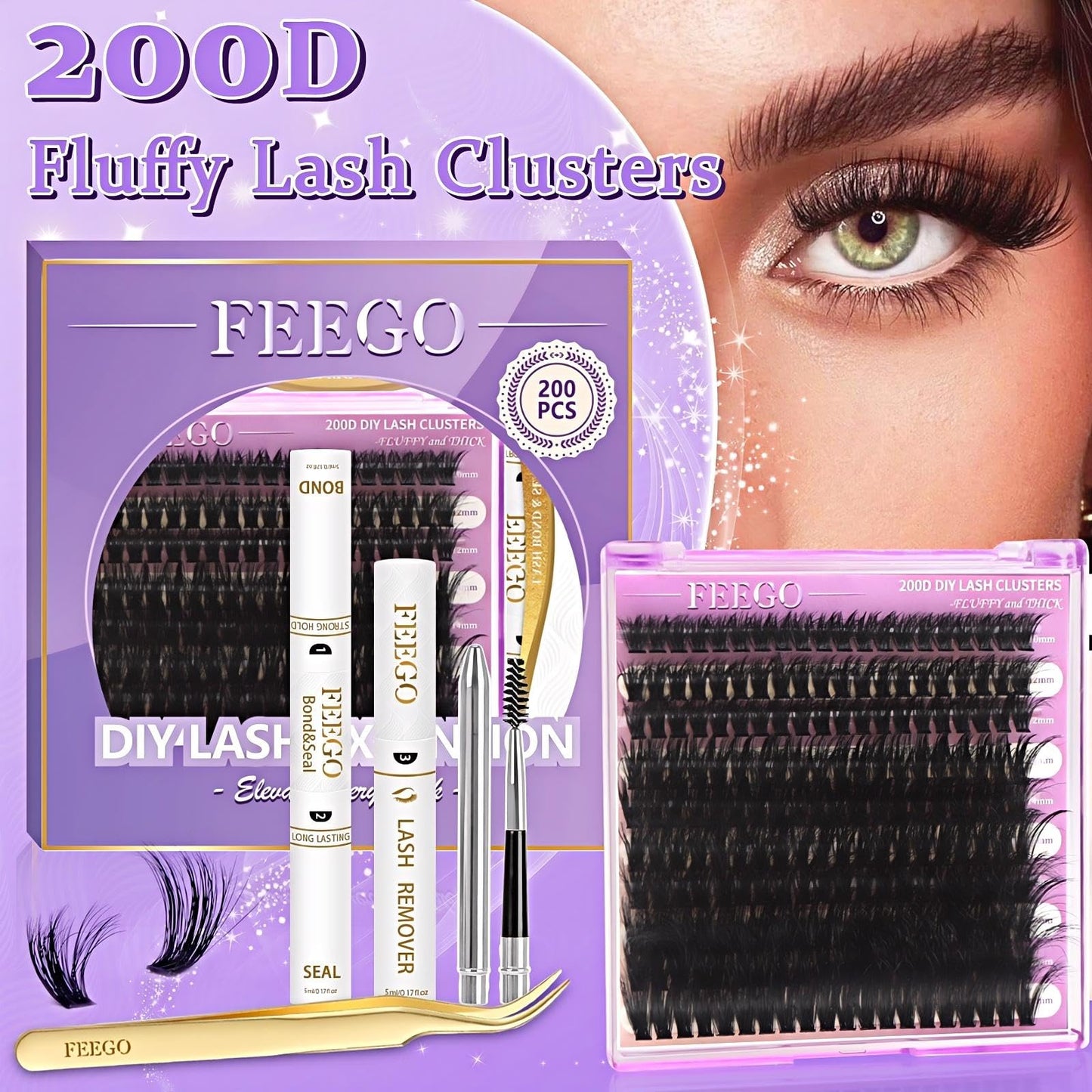 FEEGO Lash Extension Kit 200D Fluffy 10-20MM D Curl Lash Clusters Eyelash 160pcs Extension Kit Individual Lashes with Lash Bond and Seal Lash Remover Lash (200D LASH KIT)