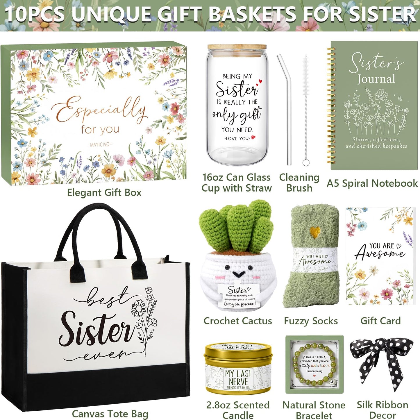 Best Sisters Gifts from Sister, Mothers Day Birthday Gifts for Sisters Gift from Brother, Funny Sister-in-Law Unique Soul Sis Gift Basket for Best Friends with Canvas Tote Bag 16Oz Can Glass Cup