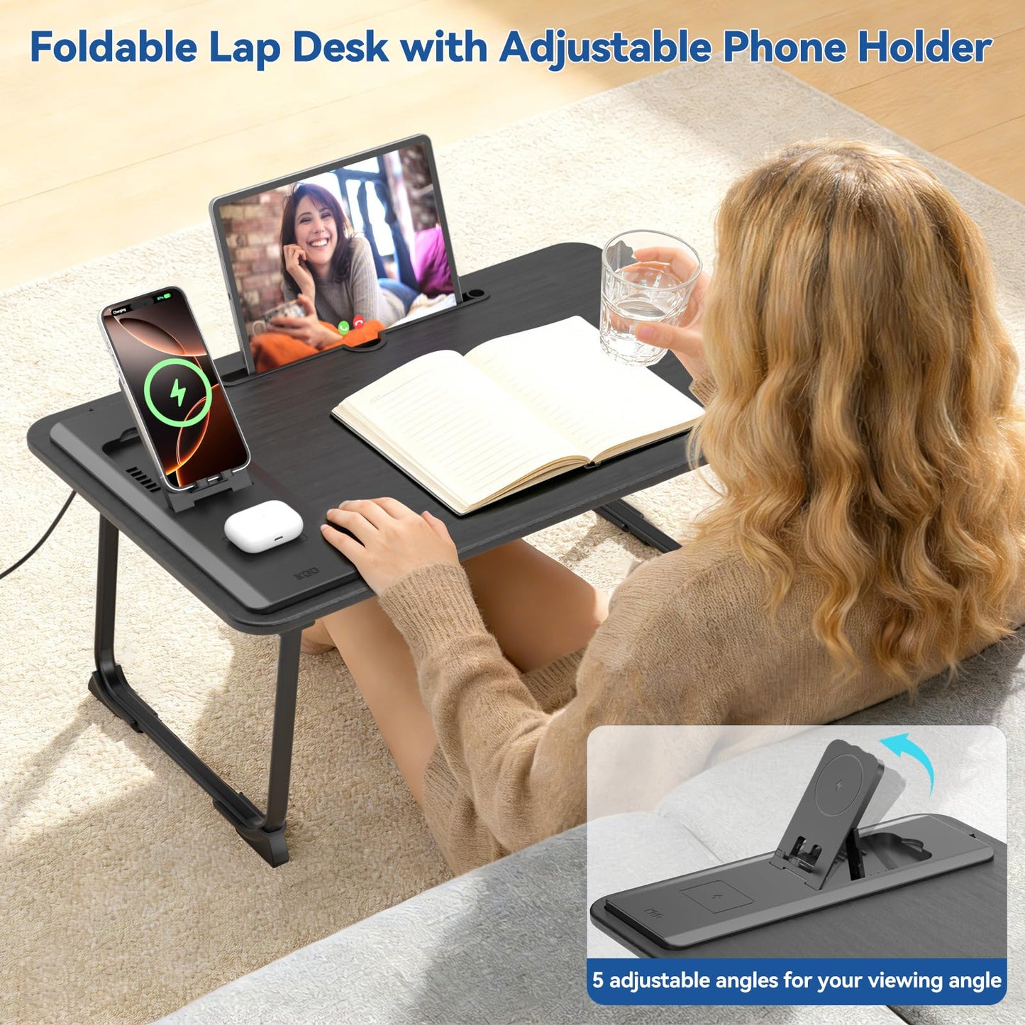 KONDOUND Foldable Laptop Desk for Bed with Wireless Charger - Large Lap Computer Tray Table with Tablet Slot and Book Shelf Read Table for Couch Chair Floor for Writing, Studying Eating, and WFH