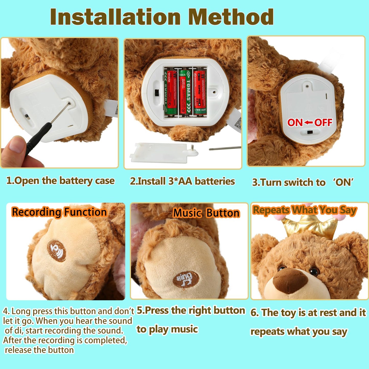 Musical Birthday Teddy Bear, Singing Dancing Talking Plush Bear Repeating What You Say Mimicking Recording Toy English Song Glowing Candle with Cupcake Stuffed Animal Gift for Boy Girl Kid