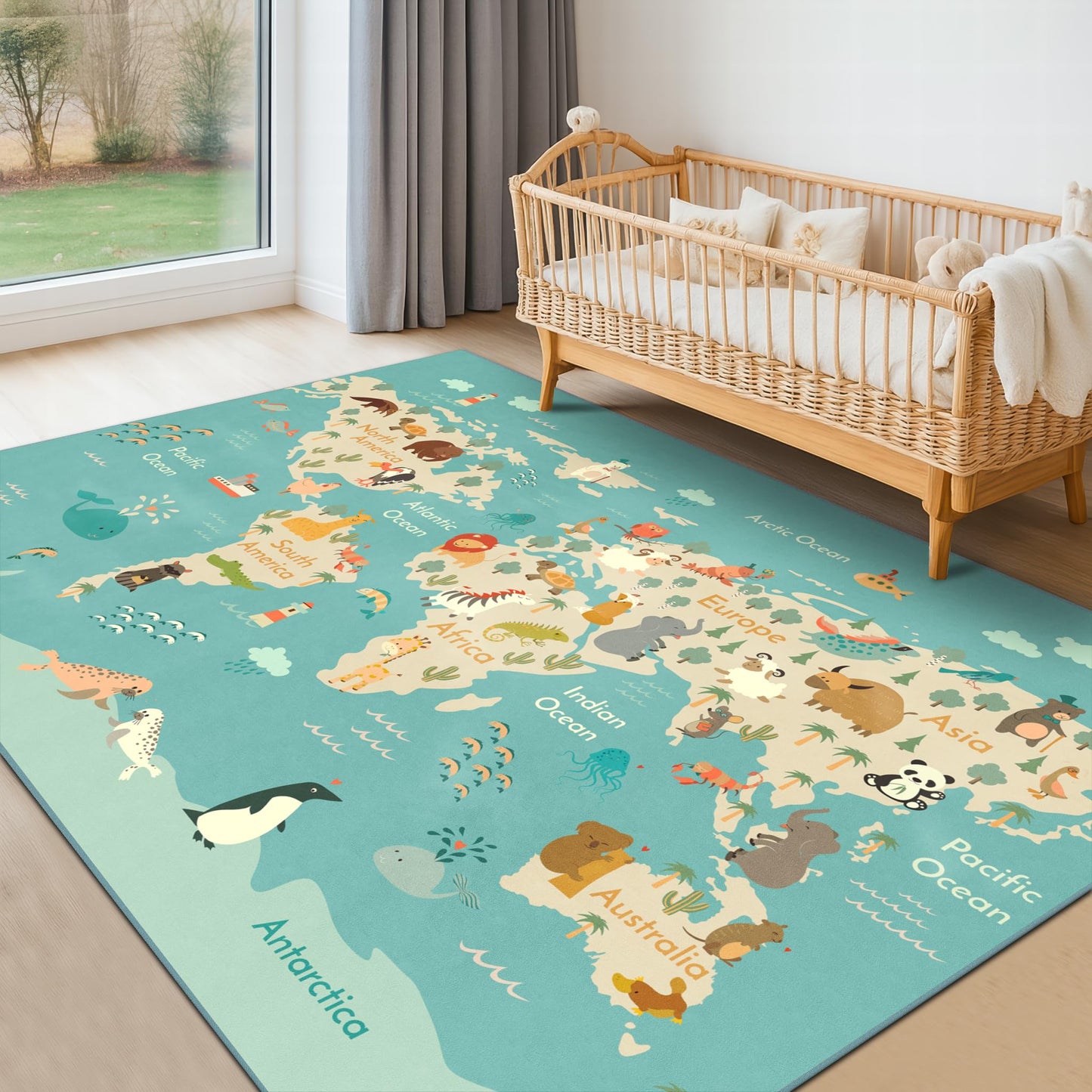 Washable Kids Playroom Rug – 5x7 Play Rug for Preschool Toddlers, Baby Girls, Educational with Cute Animals – Non-Slip, Stain Resistant, Soft & Safe for Bedroom, Play Room and Classroom - Blue