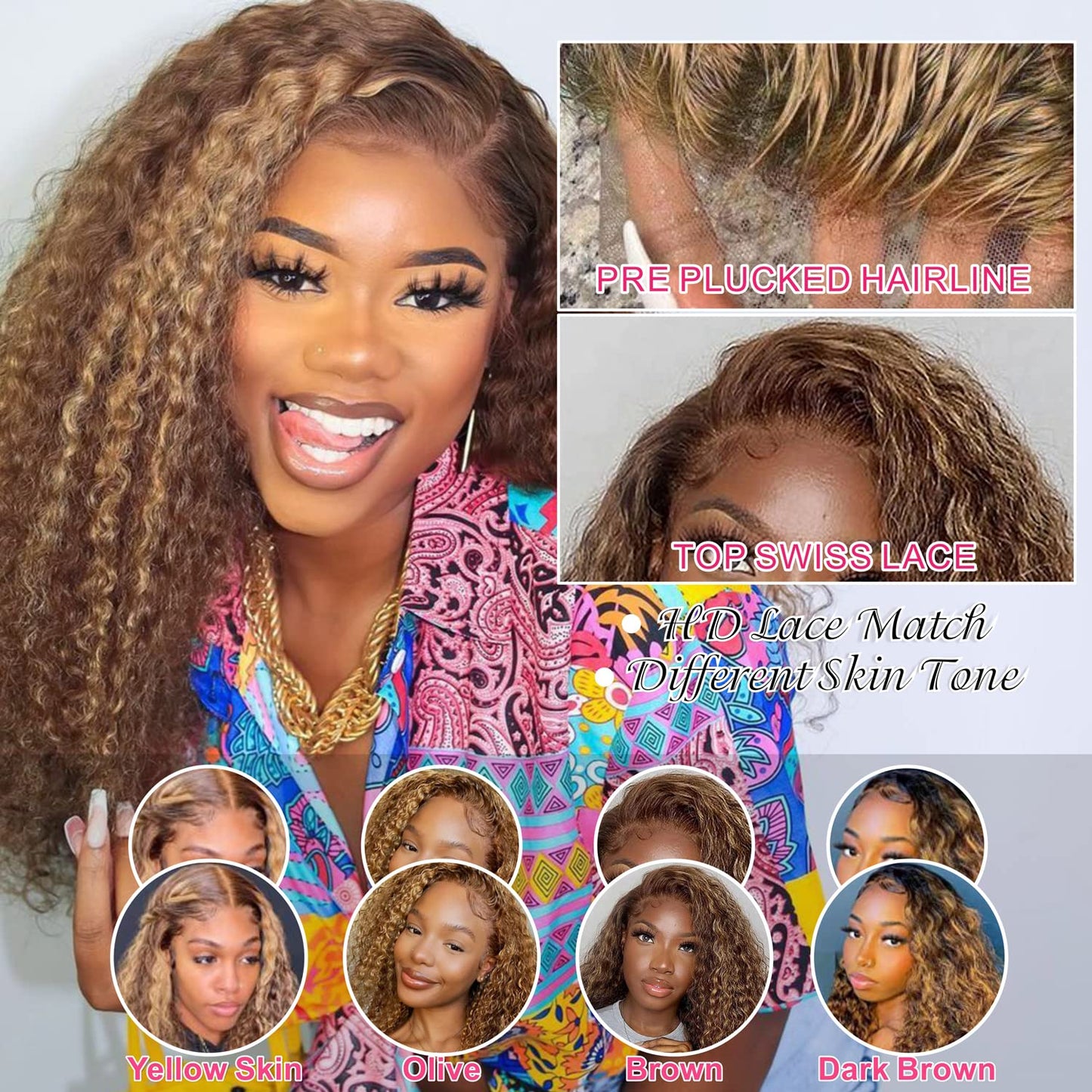 Juvid 13X6 Highlight Deep Wave Lace Front Wig Ombre Honey Blonde 13x6 Curly HD Lace Frontal Wig for Women 180% Density Glueless Jerry Curly Wig Pre Plucked Realistic Looking P4/27 Color 26 Inch