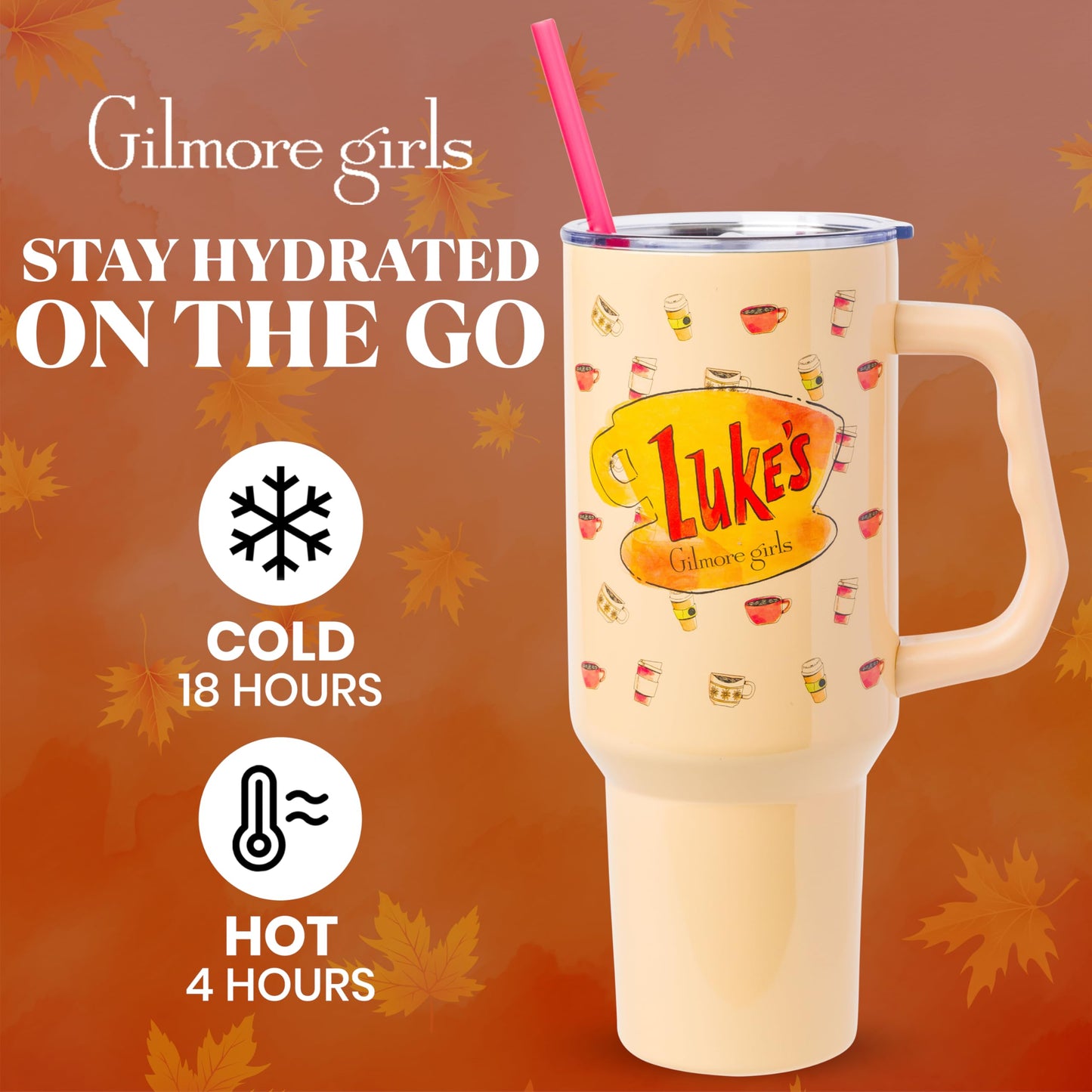 Silver Buffalo Gilmore Girls Luke's Diner Double Walled Stainless Steel Tumbler with Handle and Straw, Fits in Standard Cup Holder, 40 Ounces