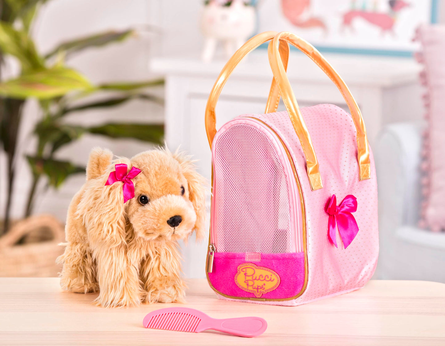 Pucci Pups – Plush Puppy – Carrier Bag – Golden Dot Glam Bag & Cocker Spaniel – Comb & Purse – Stuffed Animal – 2+ Years