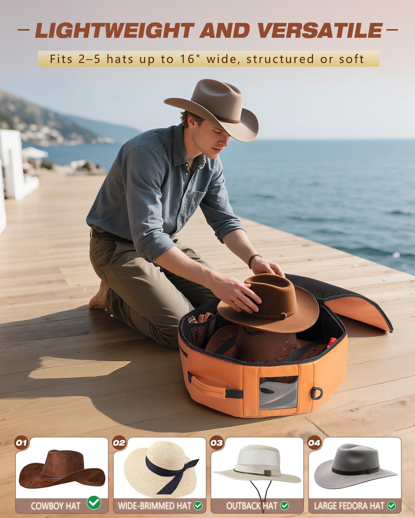Marscamd Vegan Leather Hat Box Fits 4 Cowboy or Wide-Brim Hats, Padded Storage Case with Shoulder Strap & Trolley Sleeve for Travel or Home Storage, Brown