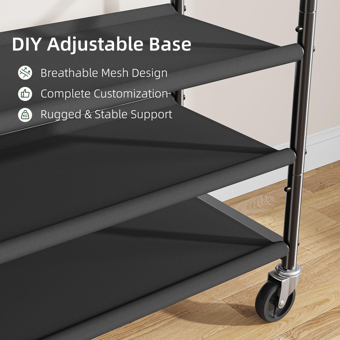 Ekisemio Double Rods Clothes Rack for Hanging Clothes, Rolling Clothing Rack with Wheels, 3-Tier Hanging Rack with Mesh Shelves, Holds 300 LBS for Bedroom, Laundry, Living Room, Black