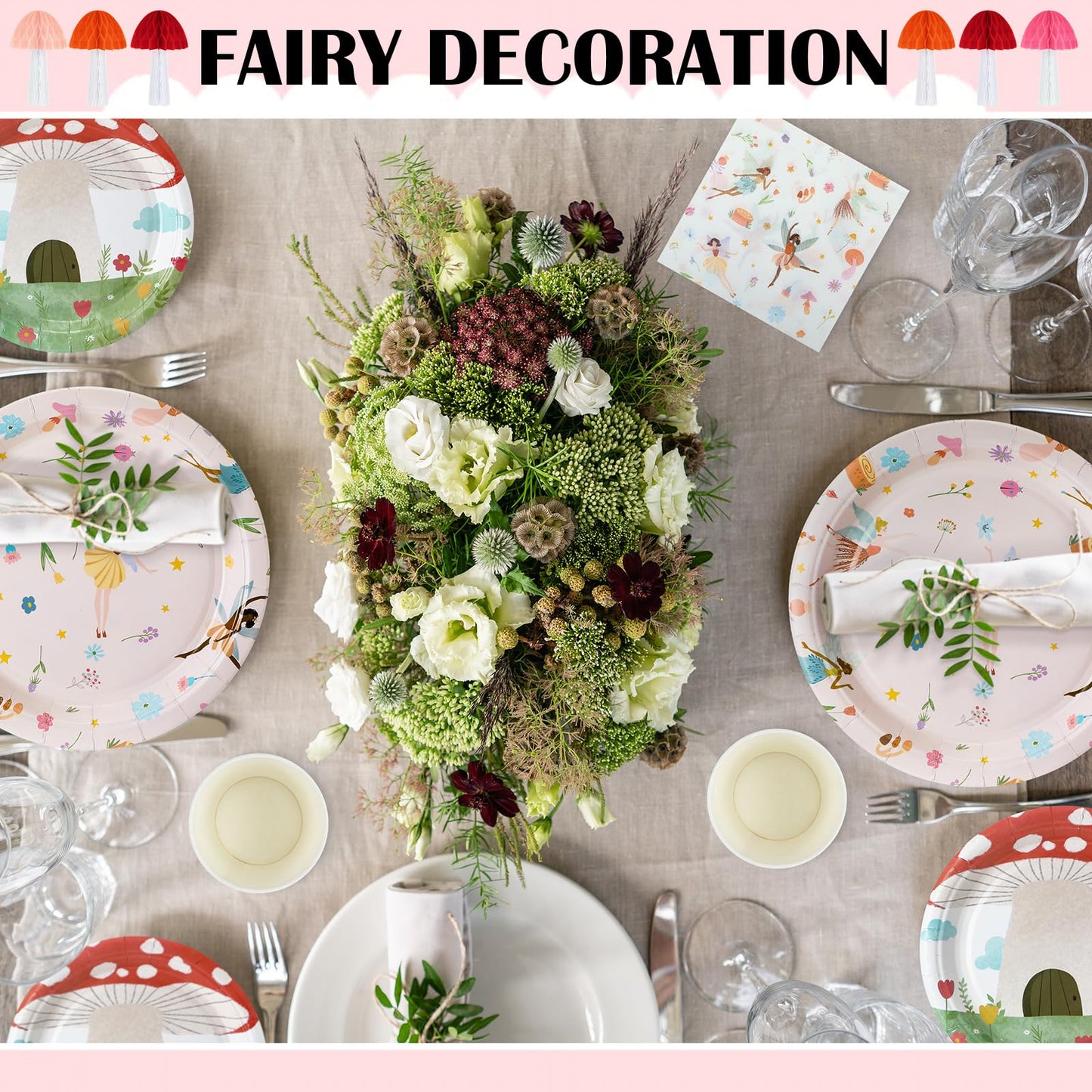 Honeydak 132 Pcs Fairy Party Supplies Decorations Include Fairy Disposable Floral Paper Plates Napkins Teacups Garland Banner Cake Topper and Honeycomb Mushroom for Spring Ballet Forest Birthday Party