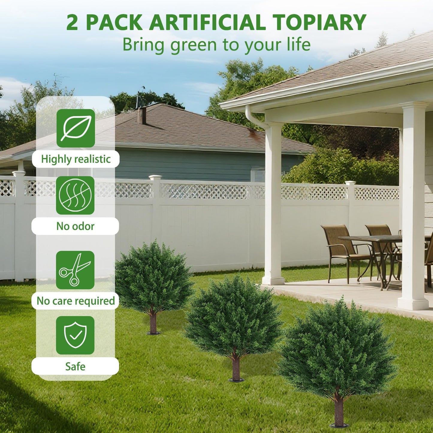 Yangrass Artificial Set of 2 Cedar Topiary Ball Trees 23" for Outdoors with Ground Spike, UV Resistant Faux Cypress Plants, Evergreen Shrubs Bushes for Front Porch Garden Backyard Decor