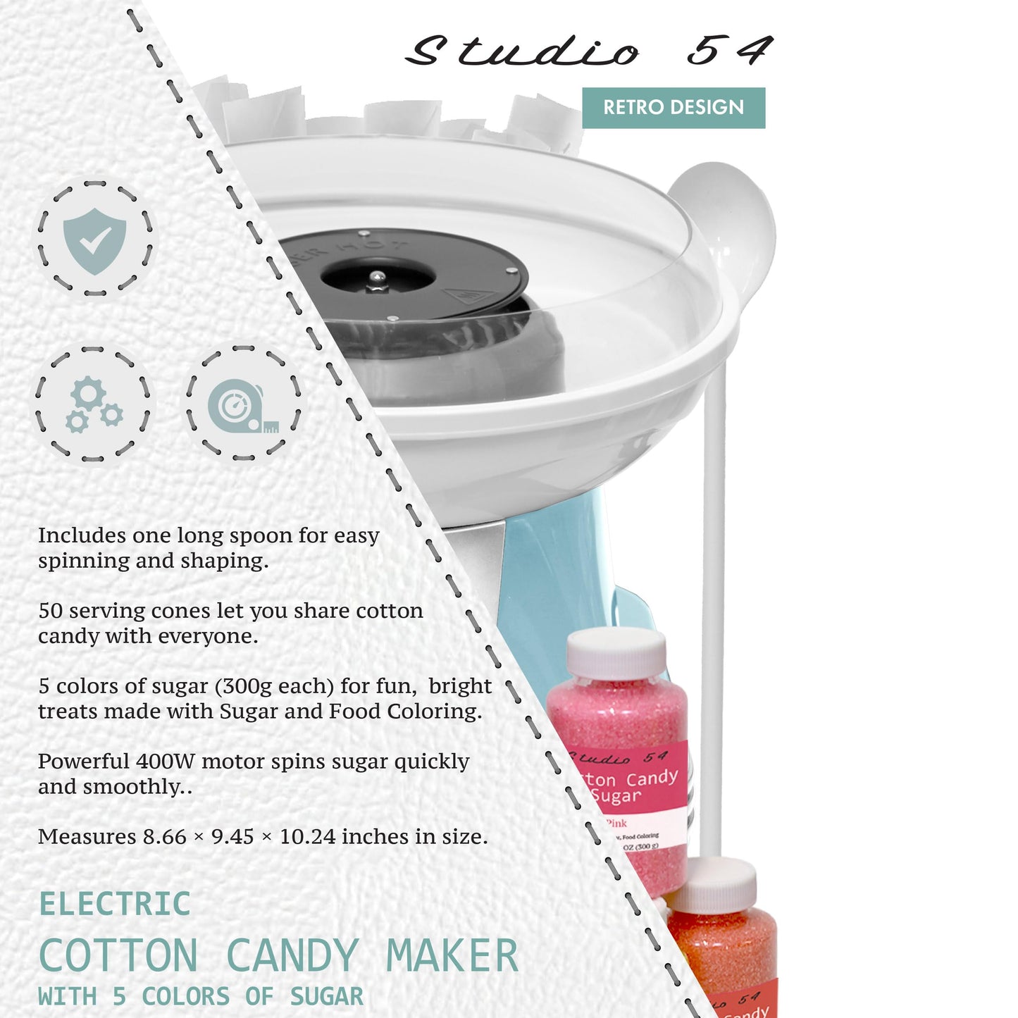 Studio 54 Retro Cotton Candy Machine with 5 Jars (11oz Each) Floss Sugar, 50 Paper Cones, Easy Cleanup Cotton Candy Maker, Durable Retro Design, Makes 20–30 Servings per Jar, BPA & Lead Free