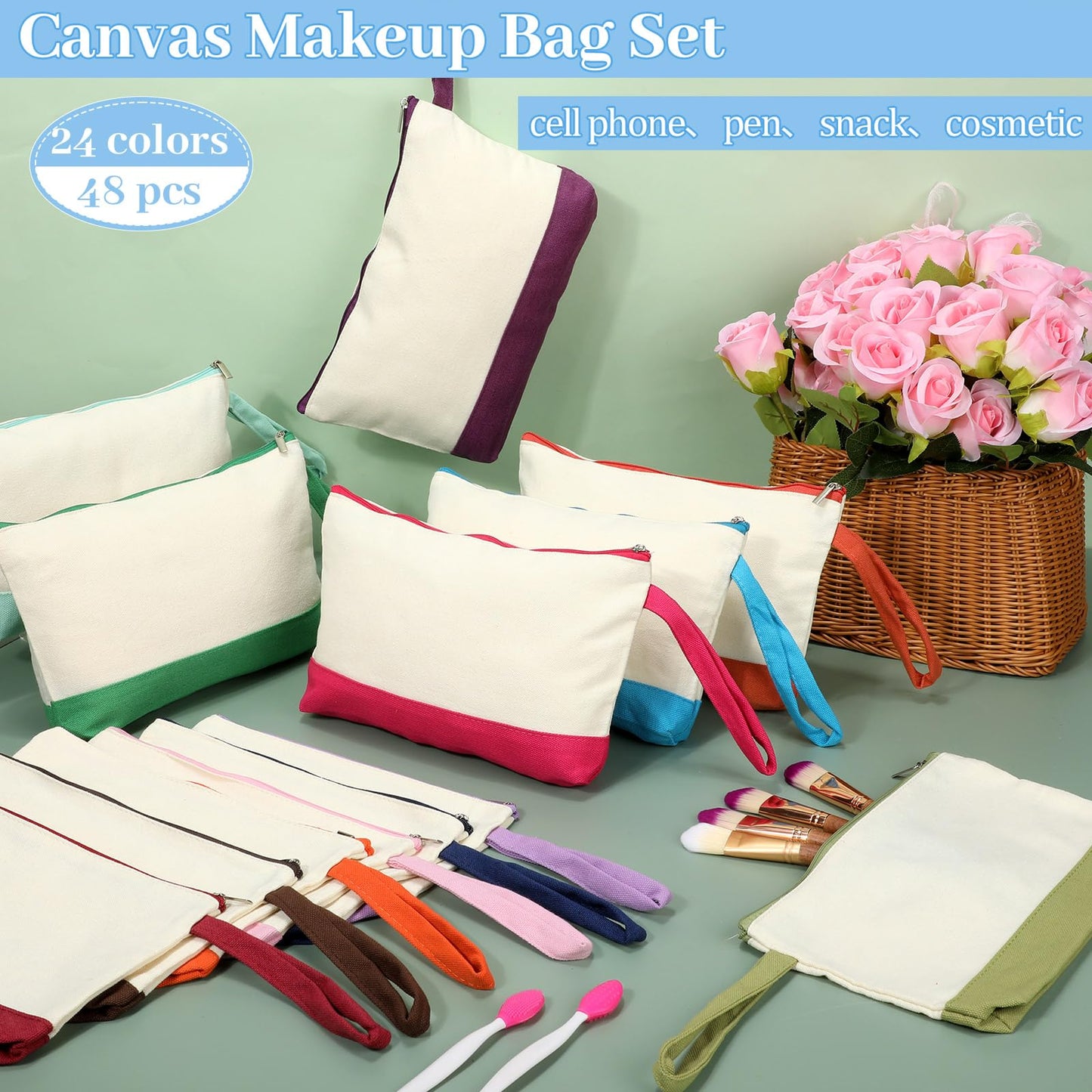 Silkfly 48 Pcs Canvas Makeup Bags Bulk Canvas Cosmetic Bag 10.2 x 5.5 x 2 Inch Two Tone Cotton Makeup Bag Bulk with Zipper DIY Pouch with Bottom Travel Toiletry Pouch for Women(24 Colors)