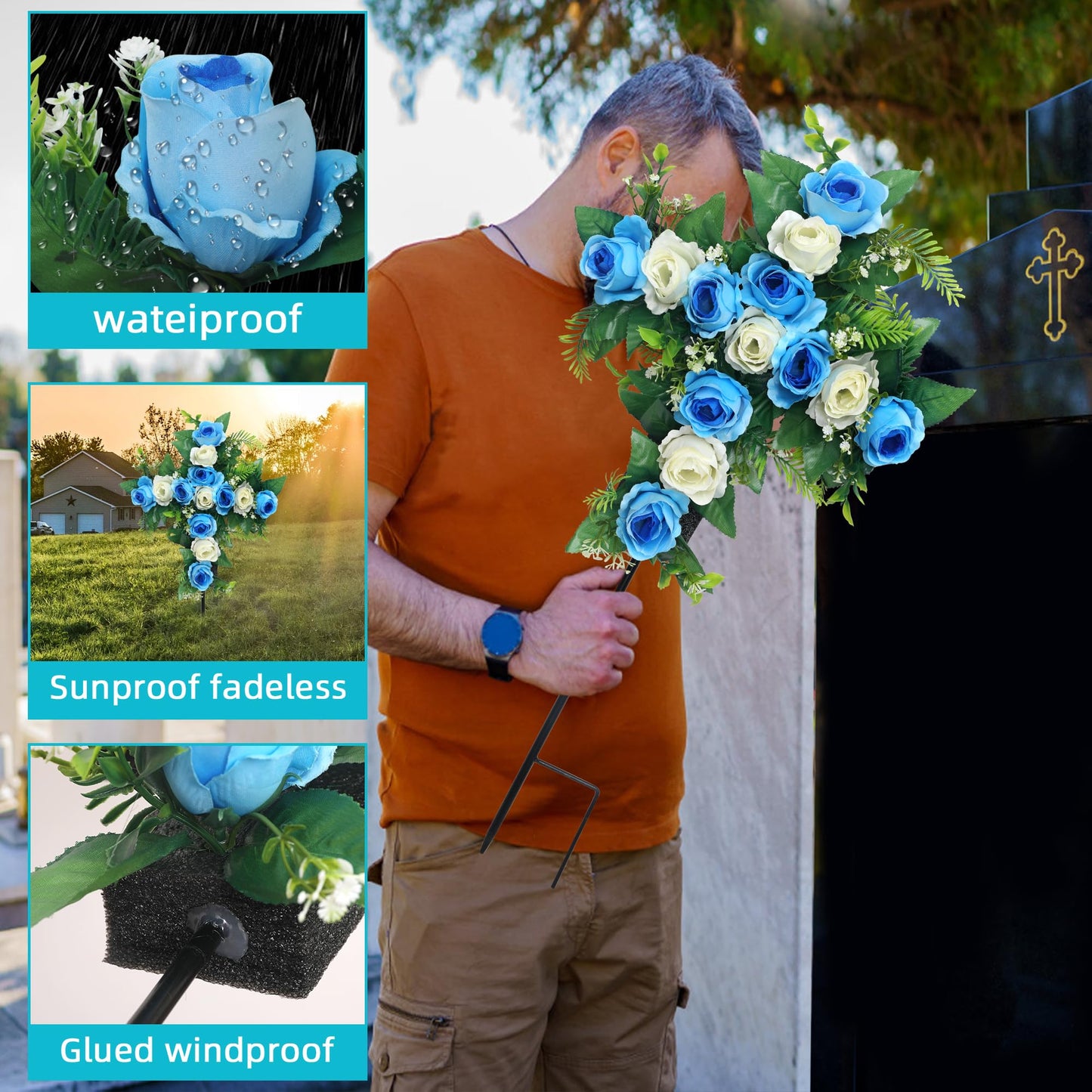 Hibsotco Artificial Cemetery Flowers,Set of 2 Faux Floral Cross,Artificial Rose Bouquet Decoration for Cemetery Headstones Gravesites,Silk Flowers for Long-Lasting Remembrance (Blue)