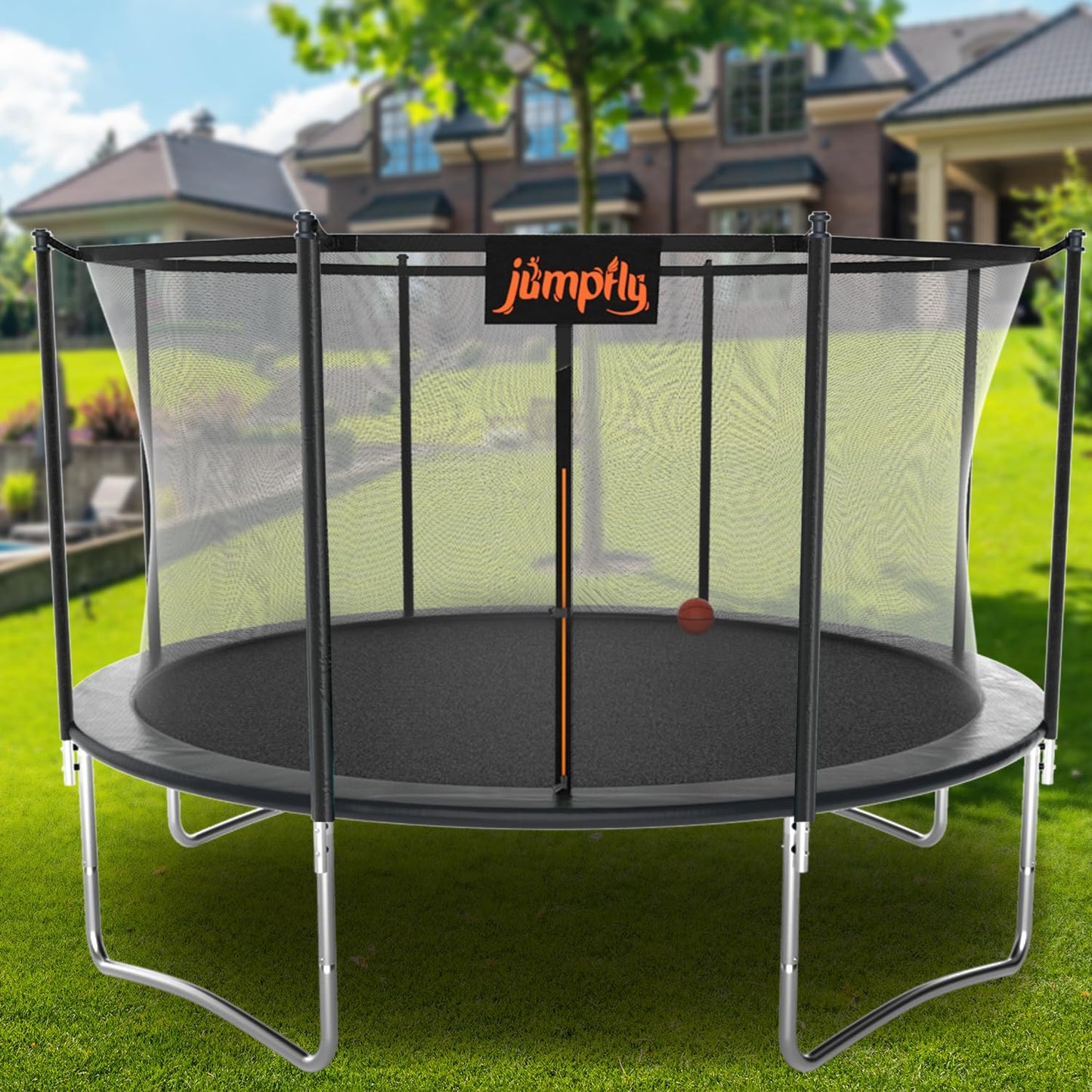 jumpfly 14FT Trampoline Net,Trampolines Replacement Safety Enclosure Net,Fit for 8 Poles Round Frame Trampolines,Breathable & Weather-Resistant Trampoline Accessories with Adjustable Straps,Net Only