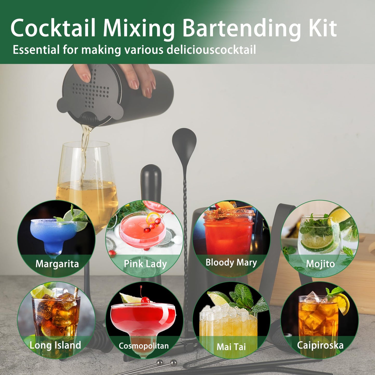 JWJIUEJIU Cocktail Shaker Set, 15-Piece Boston Shaker Bartender Kit, Bar Set Accessories, Professional Bartending Kit Home Black Bar Tools Set with Recipes Booklet (Matte Black, Wood Stand)