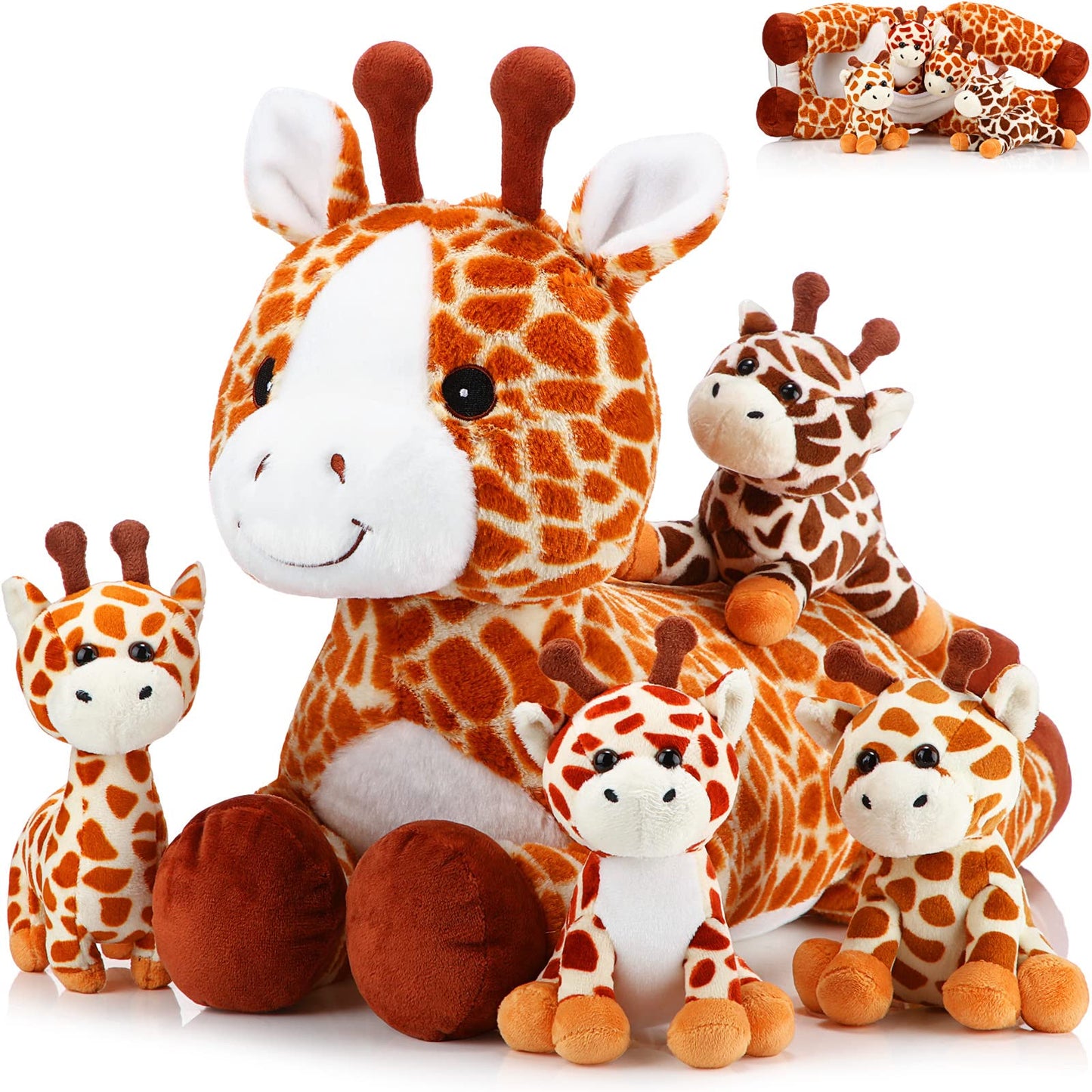 Honoson 5 Pcs Giraffe Stuffed Animals Set 18'' Large Mommy Giraffe Plush with 4 Cute Baby Zippered Tummy Soft Gift for Boy Girl Birthday Easter Favor Forest Party(Grovel)