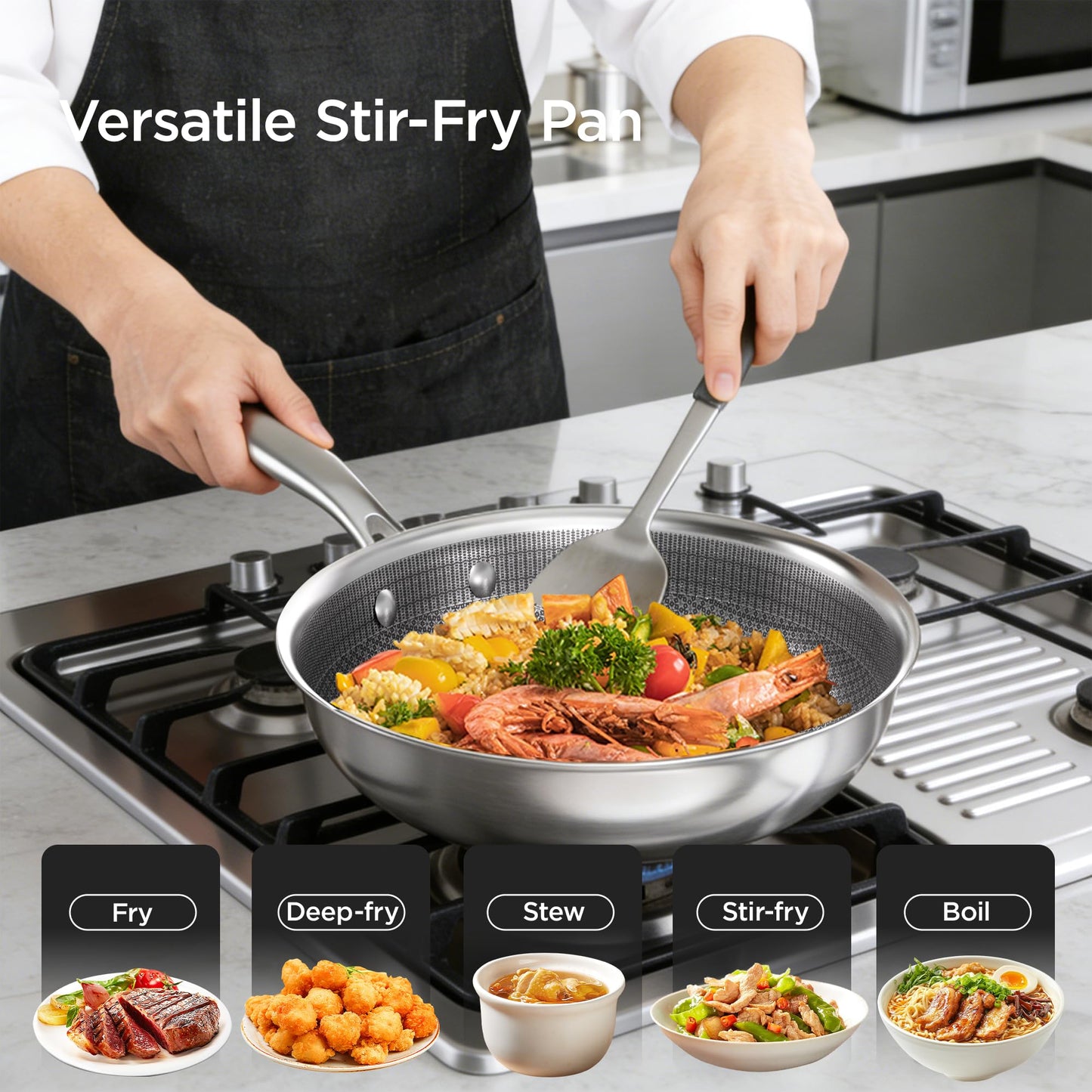 COOKER KING 12-Inch Hybrid Stainless Steel Wok with Lid, Nonstick Stir Fry Pan & Deep Frying Pan, Tri-Ply Clad Honeycomb Everyday Pan, Induction Ready, Oven & Dishwasher Safe, PFOA Free