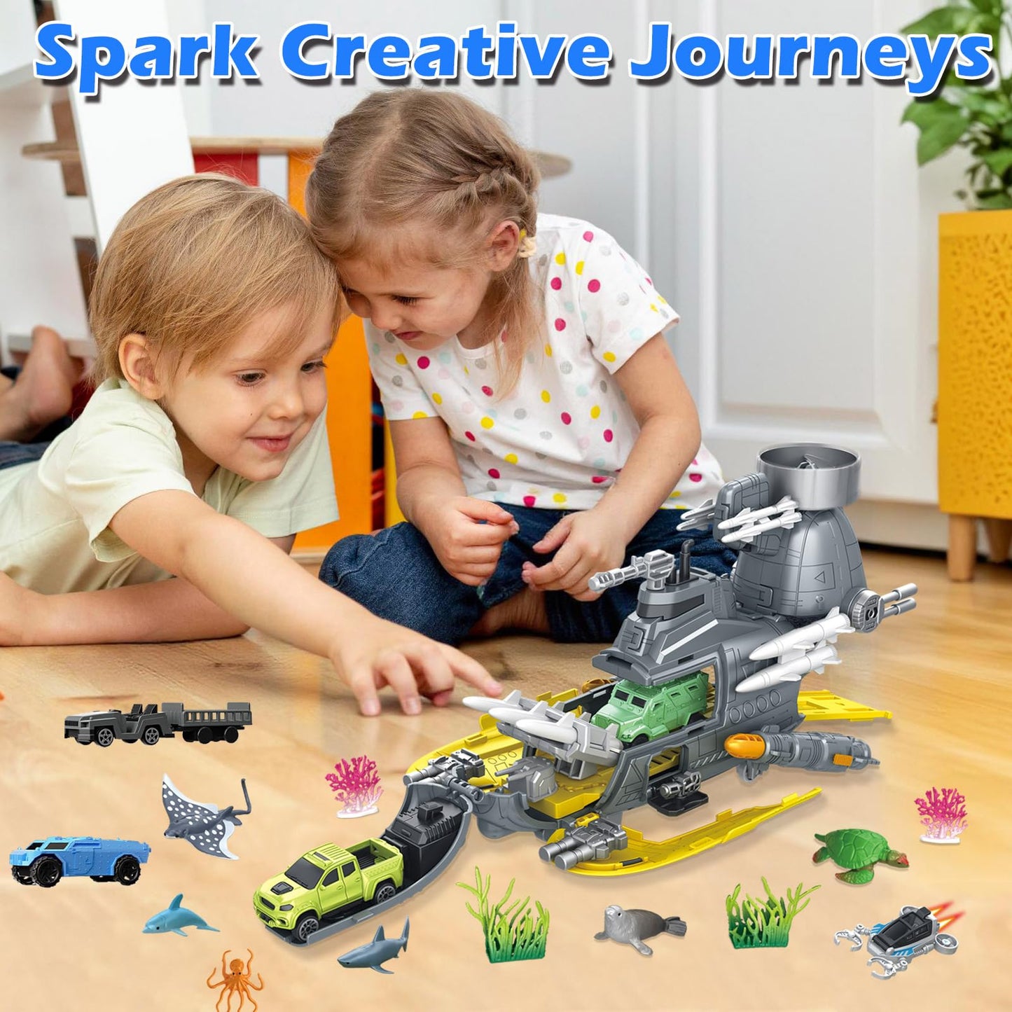 Frontoytall Deep Sea Creatures & Submarine Toy, Ocean Animal Toys with Truck Cars, 23 Piece Educational Playset for Kids Ages 3+ Years Old, Indoor & Outdoor Play, Preschool Learning for Boys Girls