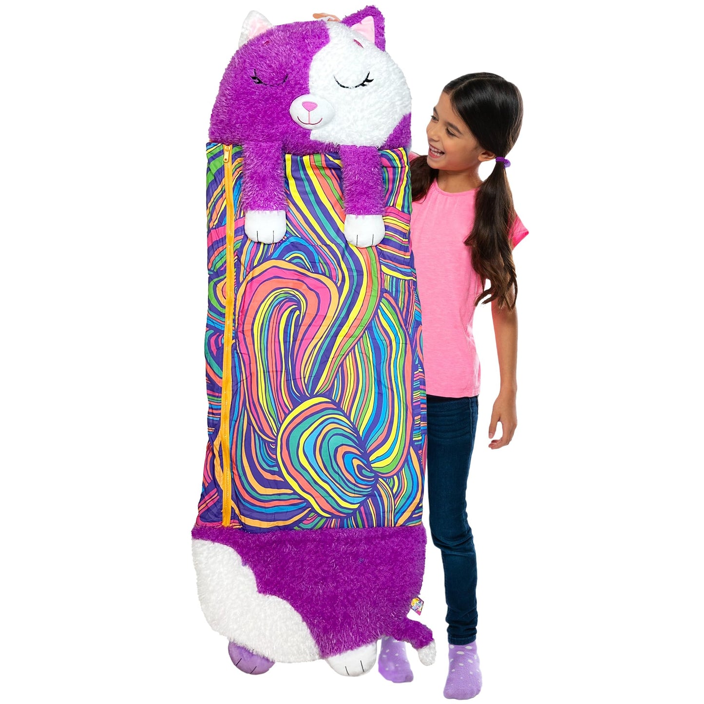 Happy Nappers: S4 Pillow & Sleepy Sack: Medium - Muffin the Kitty- 54x20, 2-in-1: Plush Animal Opens to Sleeping Bag, Play-Nap Character, Kids 3+
