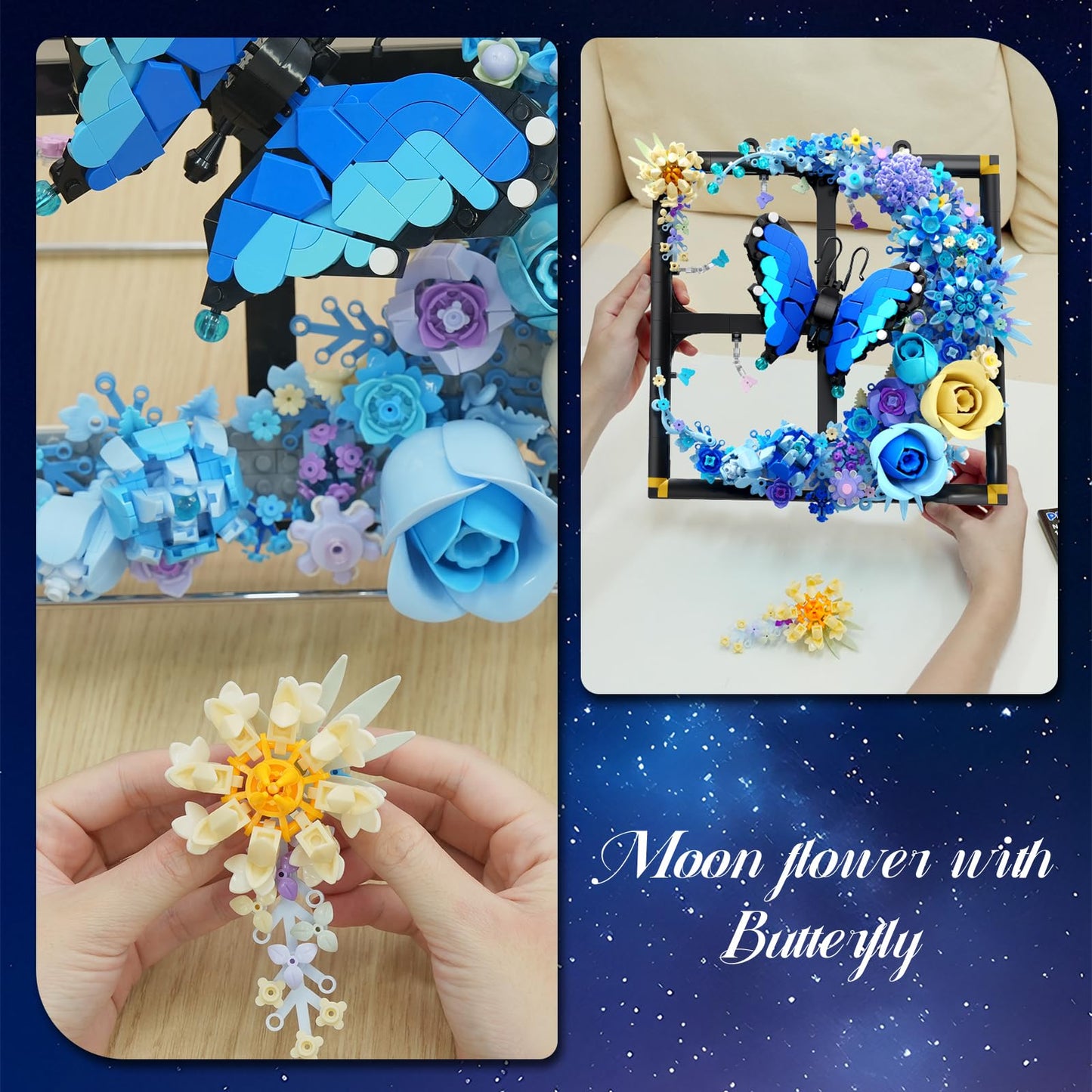 PLAXSOON Moon Flower Building Set with Lights, 1202 PCS Wall Botanical Flowers Building Block Kit with Butterfly, Floral Plant Office Home Decor for Her Adults Women Boys Girls 12+