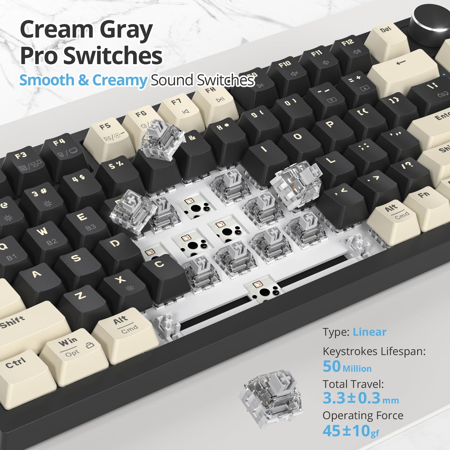 iRoboosta 400PRO 75% Wireless Creamy Mechanical Keyboard Black, Gasket Hot Swappable RGB Gaming Keyboard, Bluetooth/2.4GHz/USB-C Thocky Keyboard with Pre-lubed Cream Grey Switches (82 Black)