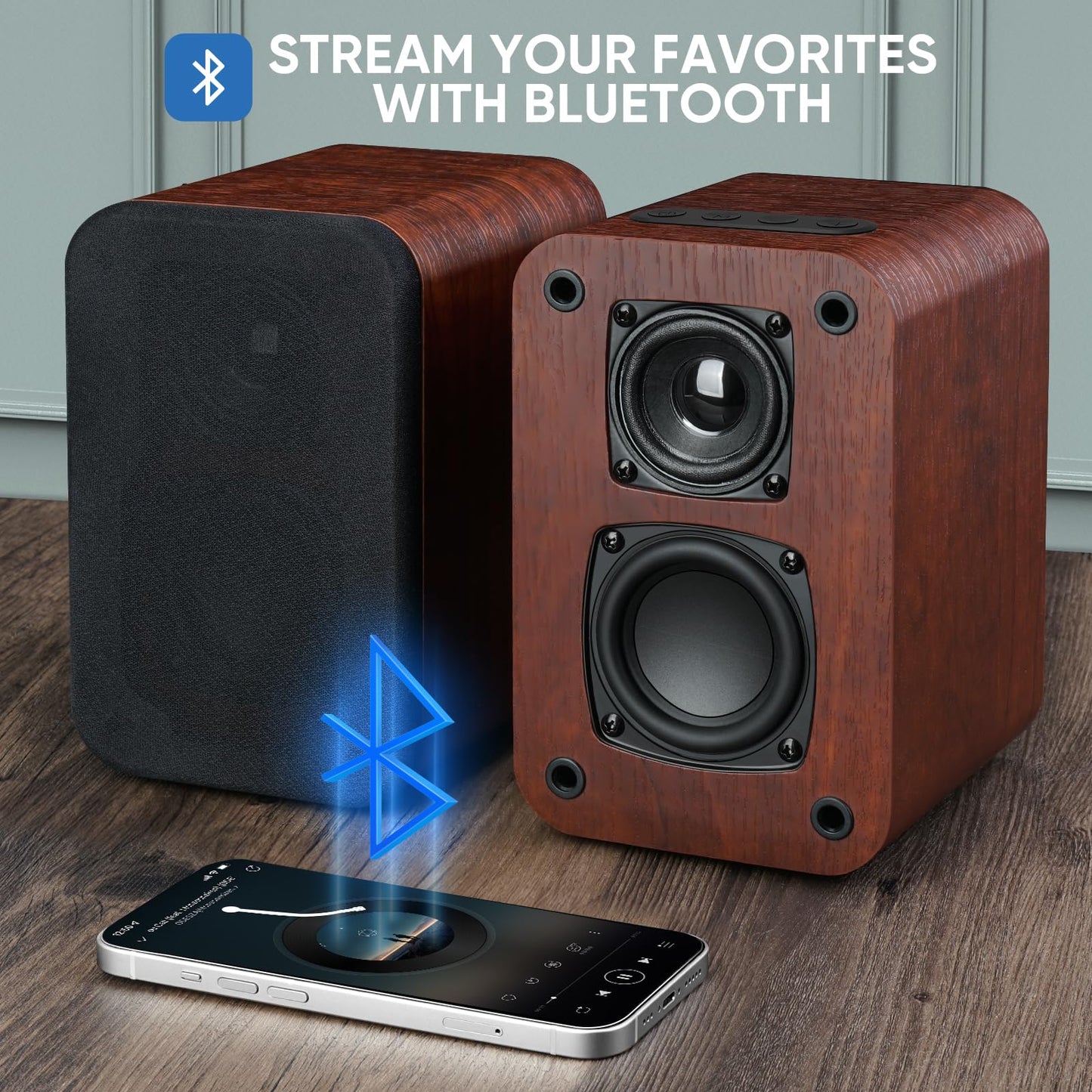 RIOWOIS Powered Bluetooth Bookshelf Speakers, 40W Record Player Speakers with 2.75 Inch Woofer, Stereo Speakers with Optical/AUX/TV-ARC Connection for Turntable, PC and TV.