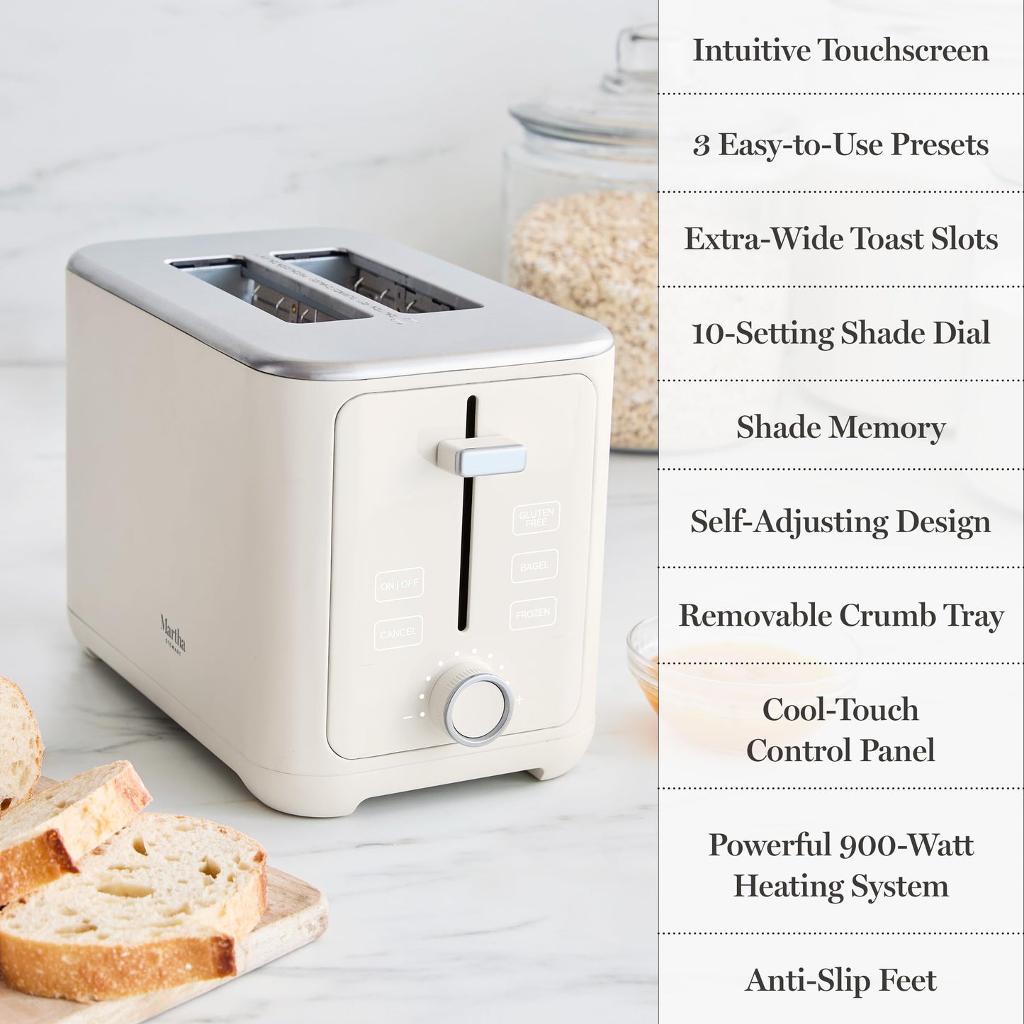 Martha Stewart 2 Slice Toaster, 10 Shade Settings with Defrost, Cancel, Bagel & Gluten-Free, Extra-Wide Self-Centering Slots for Waffles & Artisan Bread, Removable Crumb Tray, Cord Wrap, Linen Cream