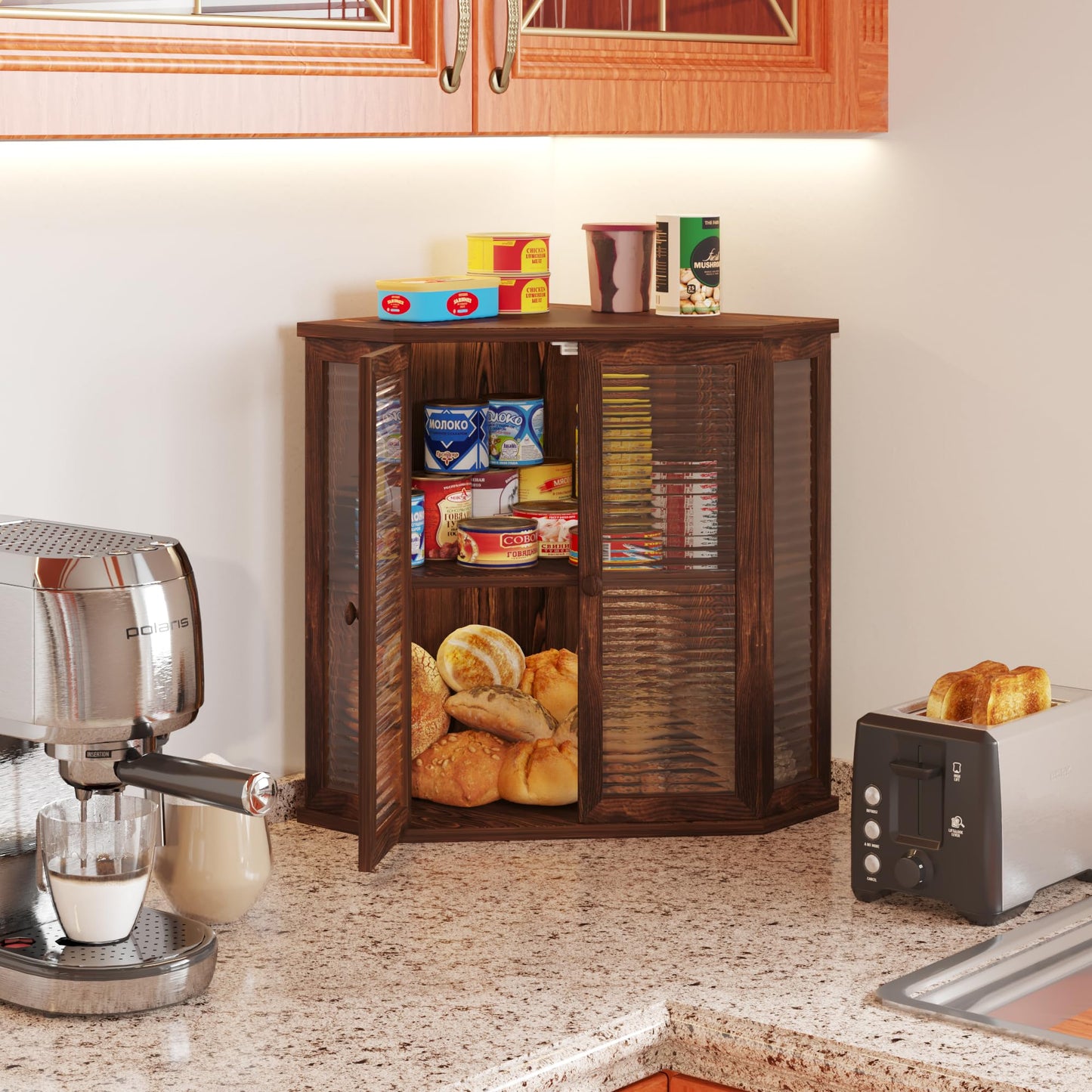 WouZglk Corner Bread Box for Kitchen Counter, 16.7 Inch Extra Large 2-Tier Farmhouse Bread Box with Natural Pine Wood Grain, Dual Wave Glass Doors and Adjustable Shelf(Pine Wood)
