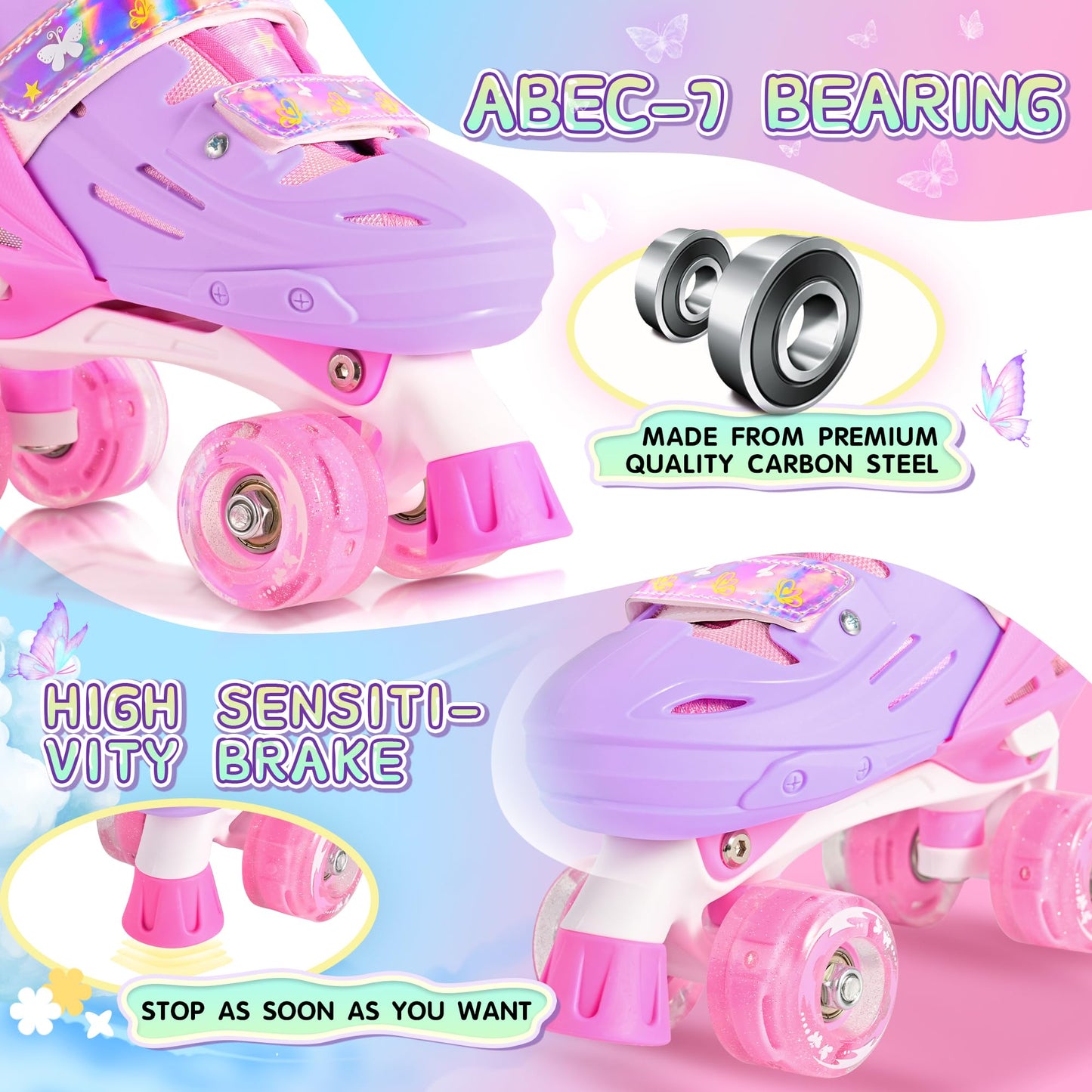2PM SPORTS Roller Skates Girls Ages 5-8 8-12 3-5 4-7 6-12 with Light Up Wheels, Outdoor Indoor Girls Rollerskates for Kids Beginner Size 10C 11C 12C 13C 1 2 3 4 5 6 Pink Butterfly