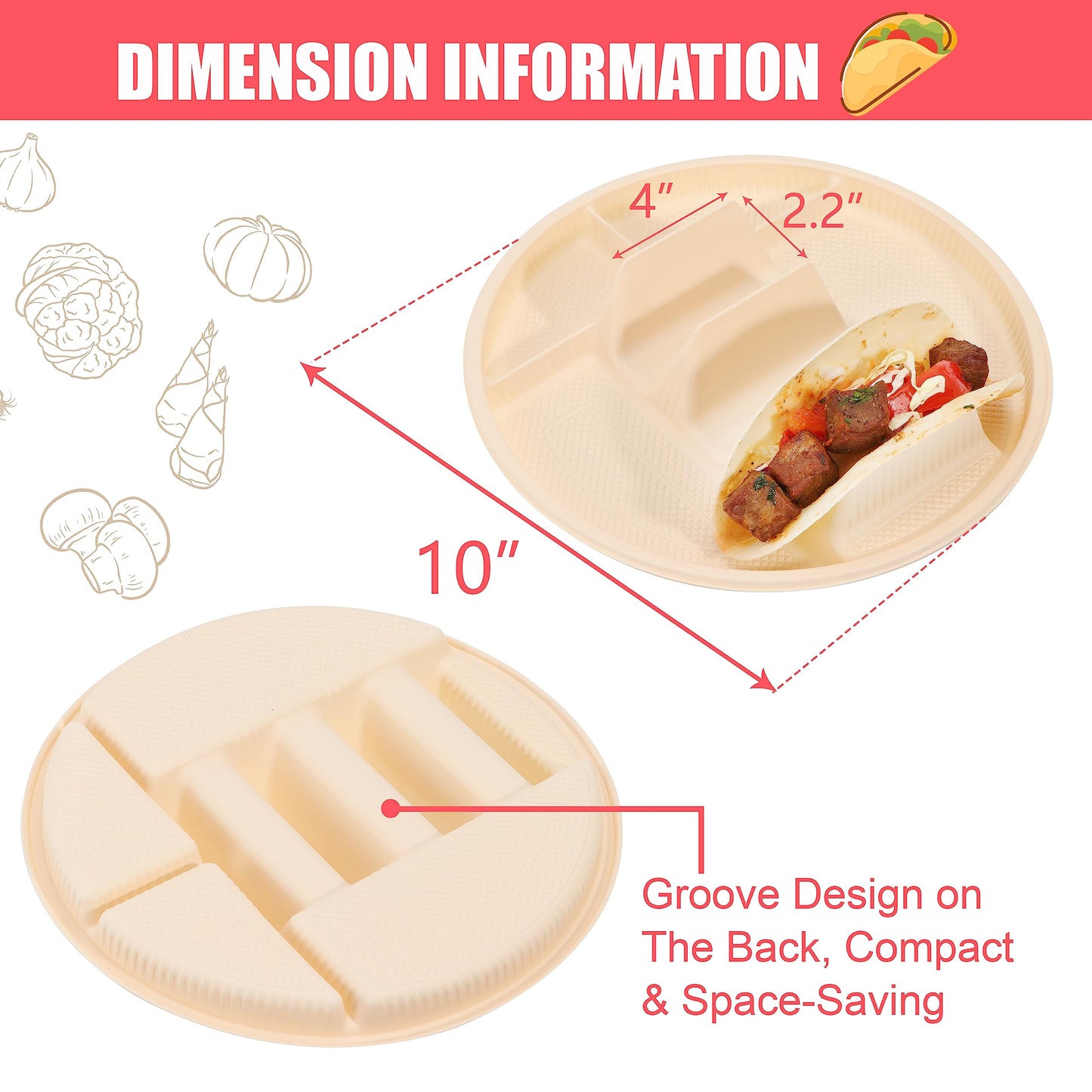Large Disposable Taco Plates with Room for Sides, Biodegradable Cornstarch, Fits 6-8 Inch Soft or Hard Tortillas, Perfect for Taco Tuesdays, Party, Night, Bar, and Fiesta, Microwave Safe – 60 Pack
