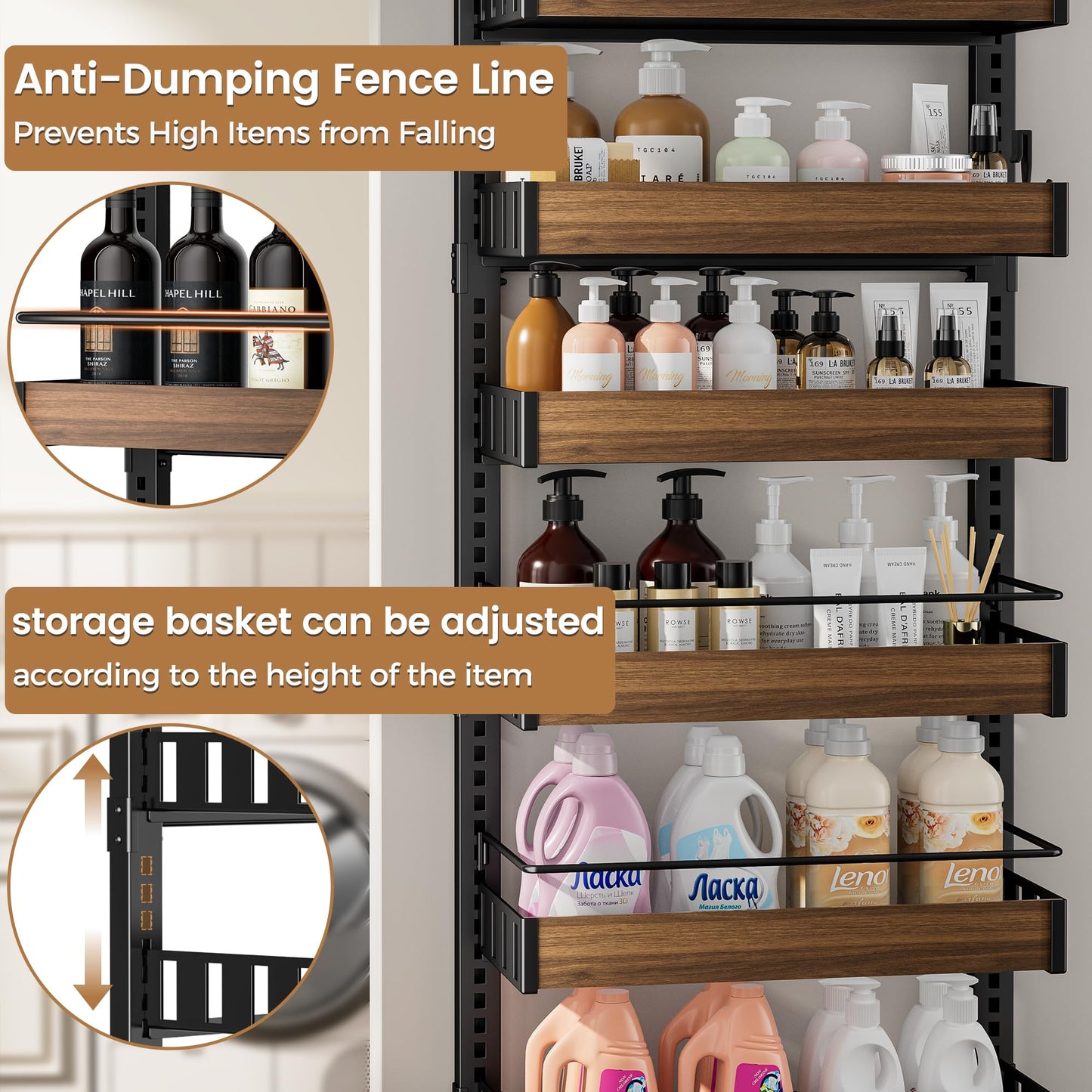 POKIPO 6 Tier Over The Door Pantry Organizer, 2-in-1 Door Hanging or Wall Mounted Spice Rack, Large Heavy Duty Pantry Door Storage Seasoning Shelves with Adjustable Basket for Kitchen Bathroom Closet