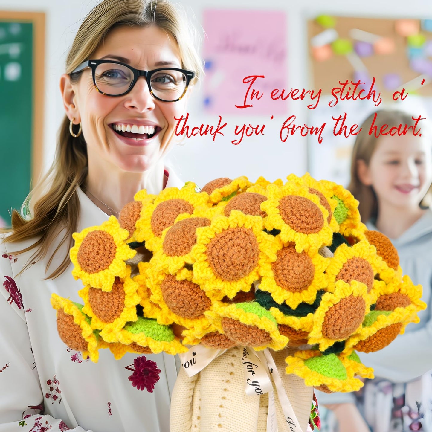 LOKOZ Sunflower Gifts for Women Get Well - Crochet Flowers Bouquet Blanket, Teacher Appreciation Gifts for Mom Sister Her Grandma Wife Birthday Presents Anniversary Home Decor 43 Inches