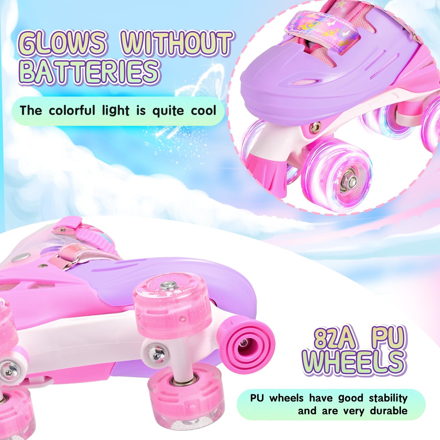 2PM SPORTS Roller Skates Girls Ages 5-8 8-12 3-5 4-7 6-12 with Light Up Wheels, Outdoor Indoor Girls Rollerskates for Kids Beginner Size 10C 11C 12C 13C 1 2 3 4 5 6 Pink Butterfly