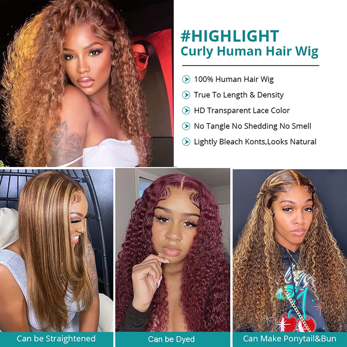 Juvid 13X6 Highlight Deep Wave Lace Front Wig Ombre Honey Blonde 13x6 Curly HD Lace Frontal Wig for Women 180% Density Glueless Jerry Curly Wig Pre Plucked Realistic Looking P4/27 Color 26 Inch