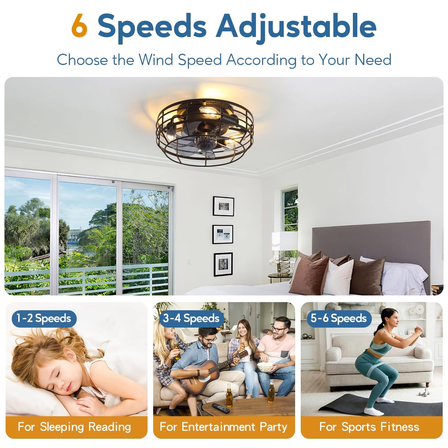 Youroke Farmhouse Caged Ceiling Fan with Light, Bladeless Flush Mount Fan Lights Ceiling Fixtures with Remote, 12 in 6 Speeds Indooor Lights for Kitchen, Living Room, Bedroom, Black