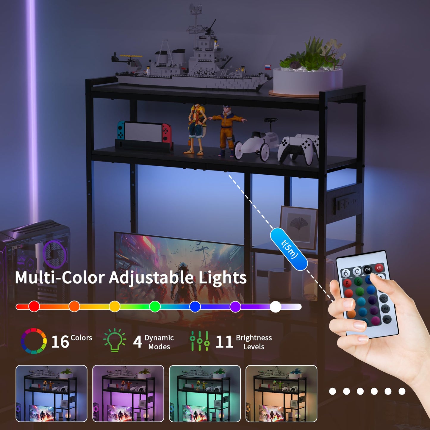 Aetheris Desktop Organizer Shelf, 30" Wooden Office Storage Rack with Outlets, Display Shelf Rack with Light Strip, 5 Tier Desktop Display Rac, Desk Shelf, Desk Hutch for Computer Monitor (Black)