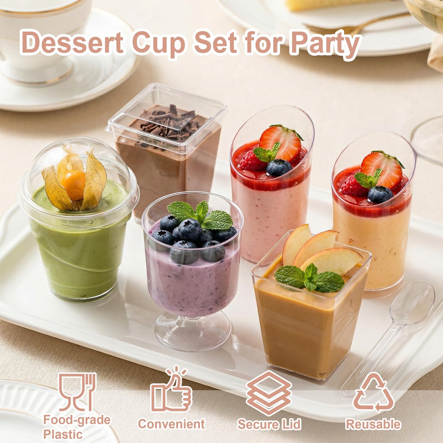 WELLIFE 380 Pack Disposable Dessert Cups with Lids and Spoons 5 oz Mini Plastic Parfait Cups Assortment for DIY Mousse, Pudding, Tiramisu, Home Baking, Birthday Parties & Baby Showers