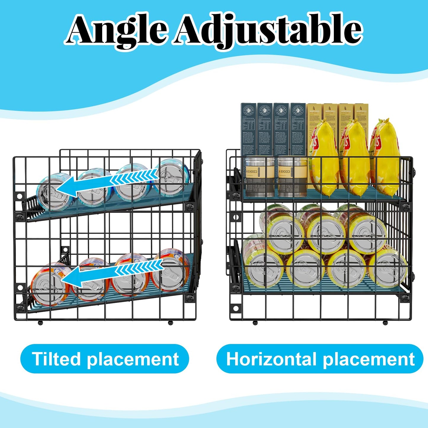 2-Pack Stackable Can Organizer for Pantry Shelf, Adjustable Extra-Long Rolling Can Rack for Kitchen Cupboard Storage, Sturdy Standing Can Holder for Canned Food Goods Soda up to 100, 2 Tier, Black