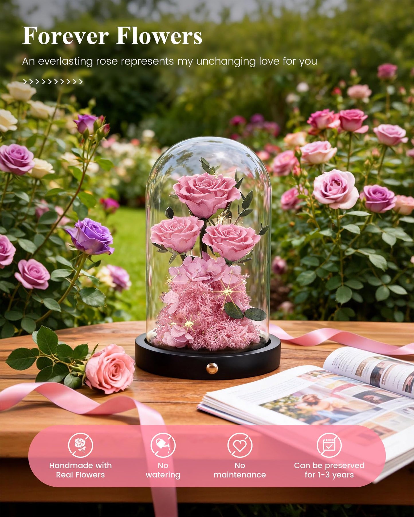 Agrul Birthday Gifts for Women Forever Preserved Flowers Roses in Glass Dome for Women Mom Wife Girlfriend Daughter Birthday Gifts/Pink Rose